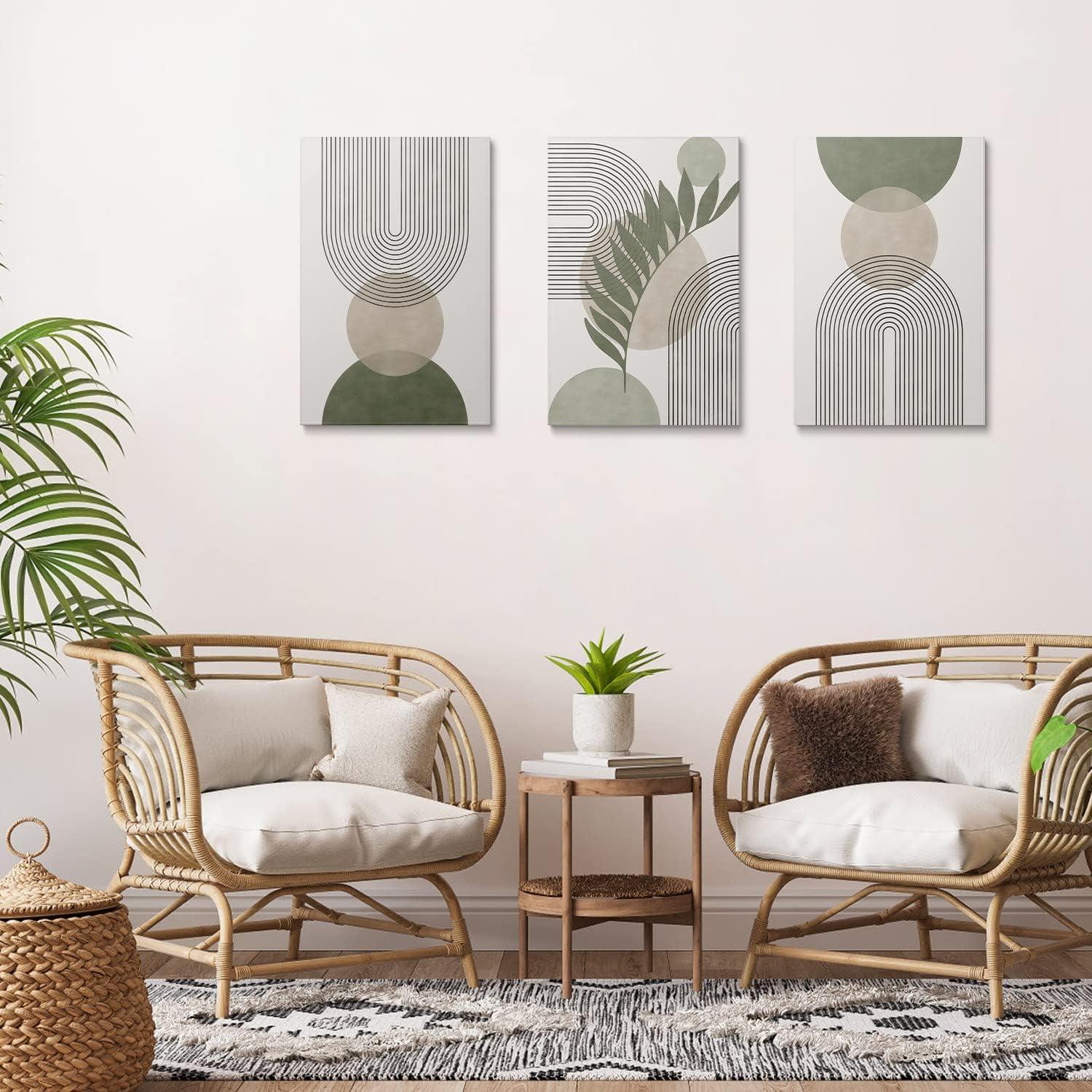 Minimalist Boho Wall Art Set of 3, MidCentury Modern Wall Art, Framed Canvas Wall Art Yellow Green Beige Moon Botanical Geometric Neutral Abstract Artwork Prints, Boho Room Wall Decor Ready To Hang