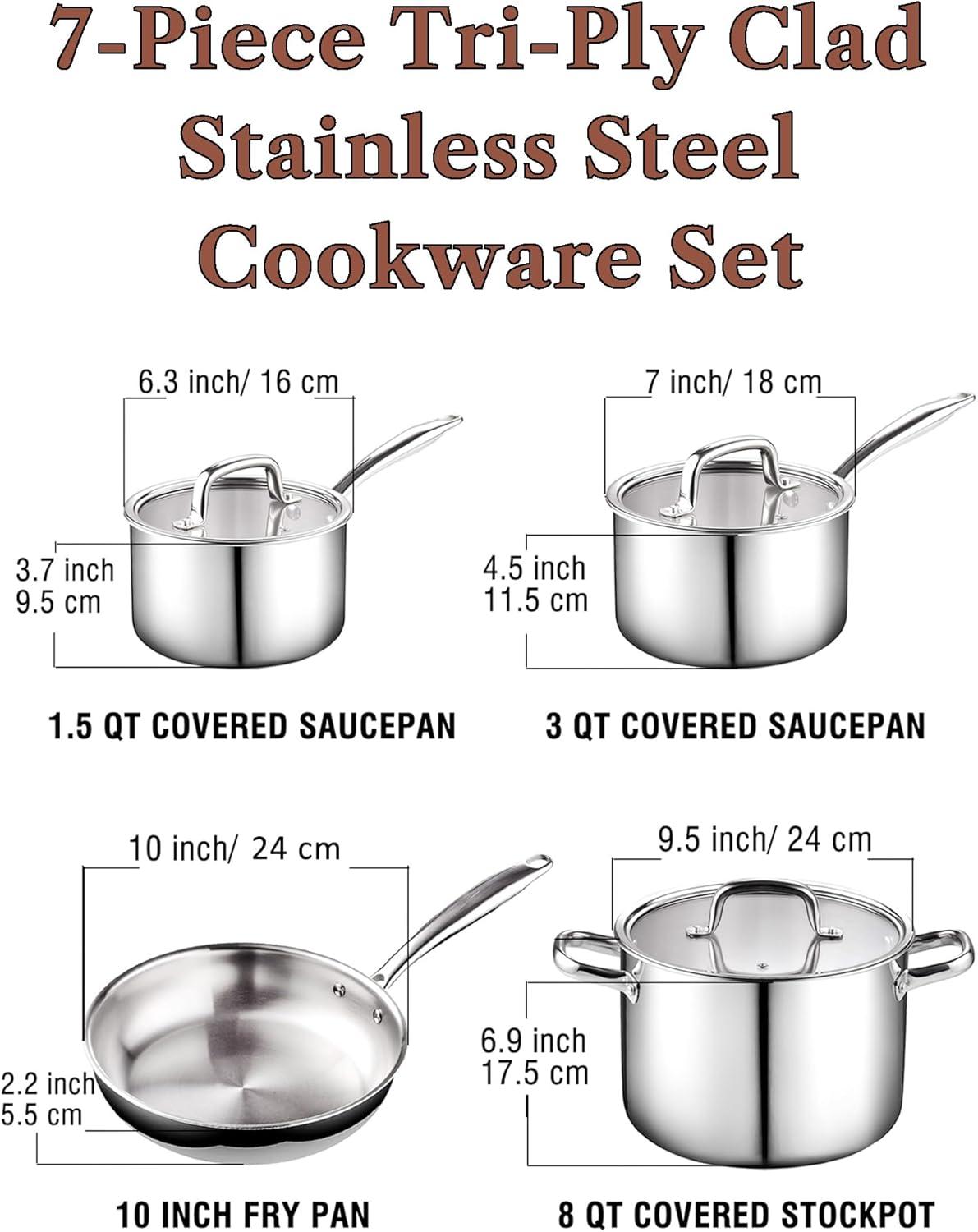 7-Piece Silver Stainless Steel Cookware Set with Glass Lids