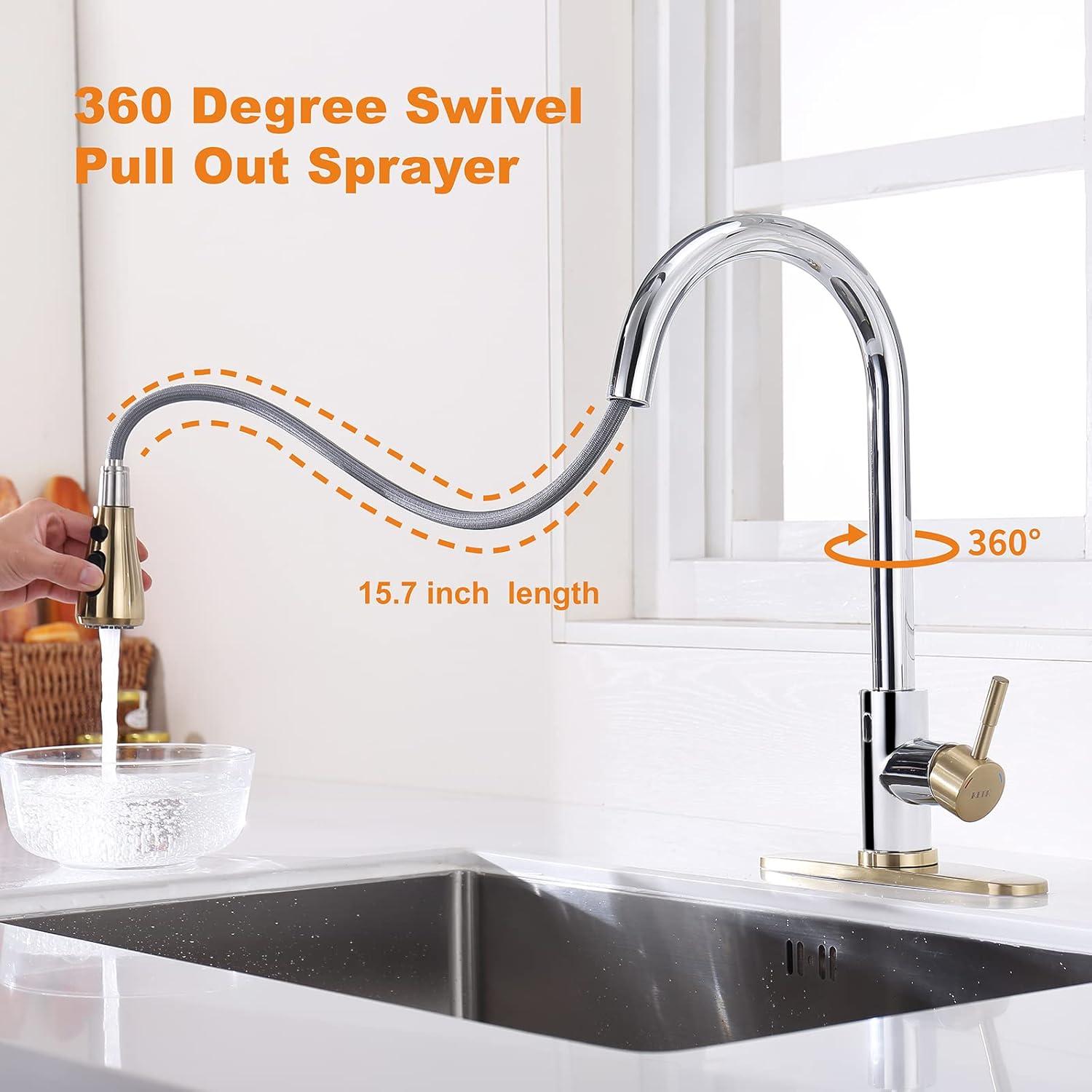 Gold and Chrome Touchless Pull-Down Kitchen Faucet with Soap Dispenser