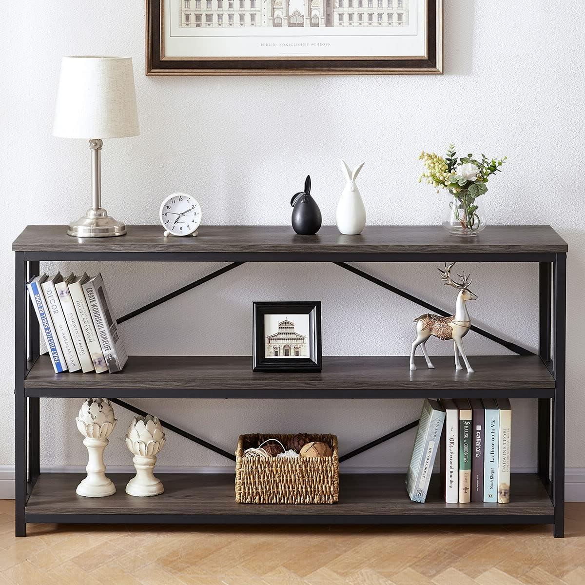 Dark Gray Oak and Metal 3-Tier Console Table with Storage