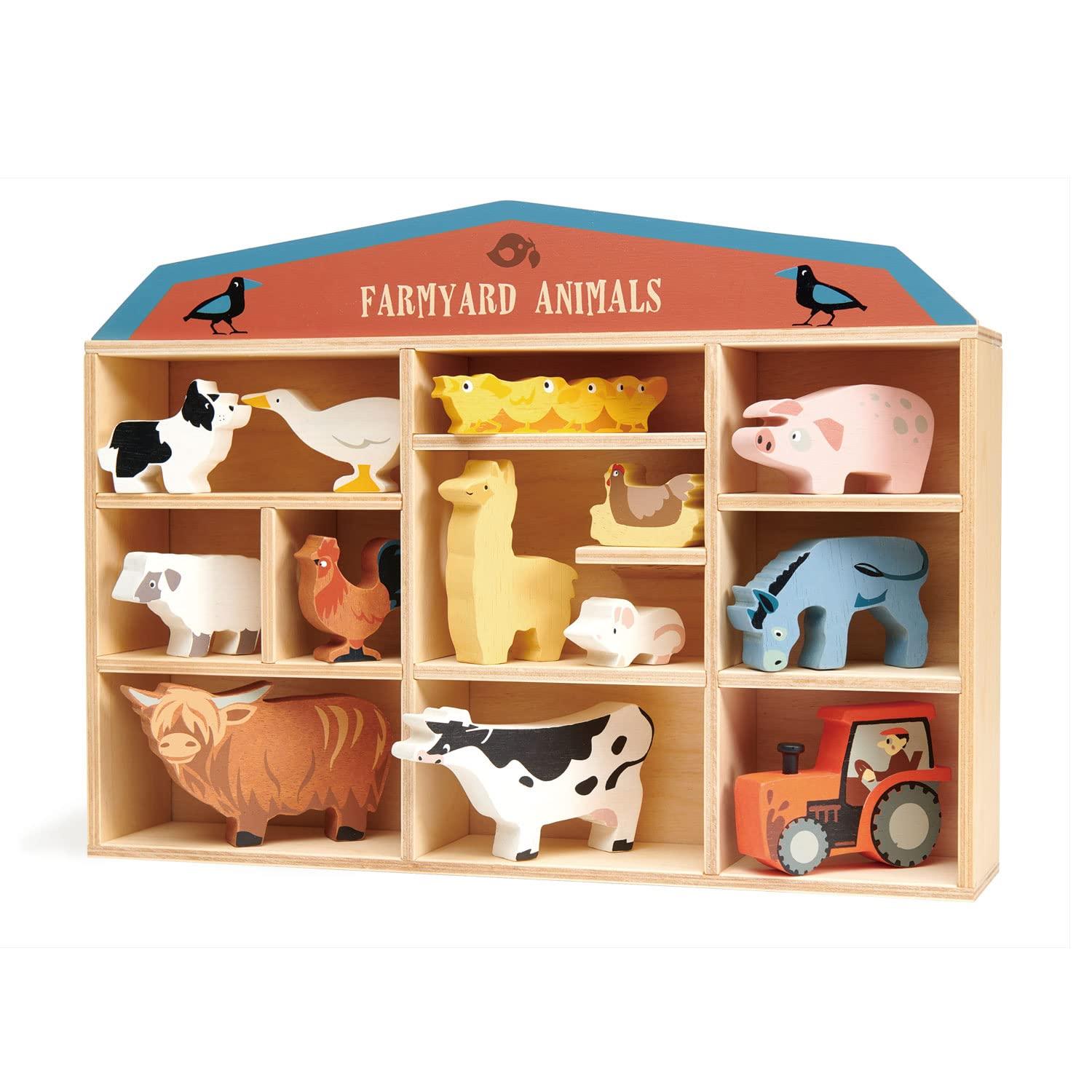 Tender Leaf Toys Farmyard Animals – 13 Wooden Country Farm Figurines with a Display Shelf - Classic Toy for Pretend Play – Develops Creative & Imaginative Skills – Learning Role Play – Ages 3+ Years