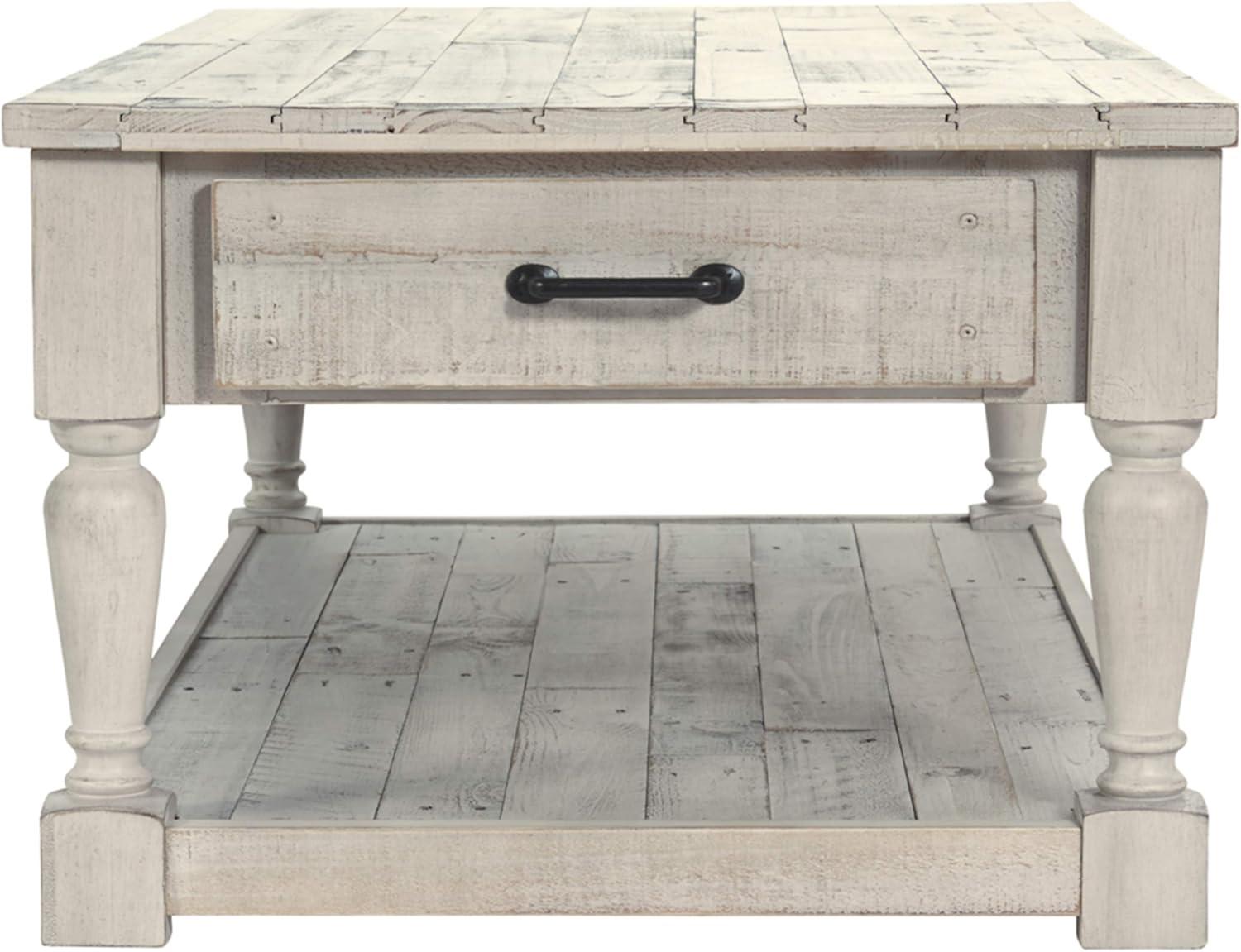 Shawnalore Rectangular Cocktail Table White Wash - Signature Design by Ashley: Solid Pine, Farmhouse Style, Storage Shelf