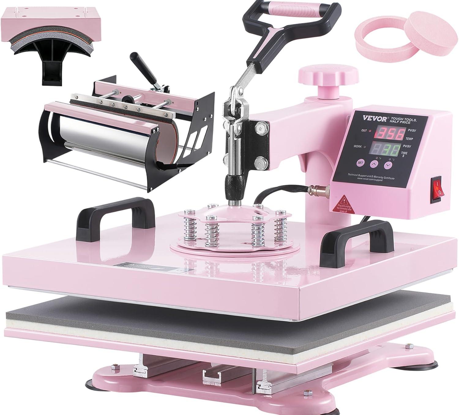 VEVOR Heat Press Machine 15x15 inch, Heat Press Machine for T-Shirts, 5 in 1 Heat Press with 30 OZ Tumbler Press, Combo Tumbler Heat Press Machine Sublimation for Hat Cap Mug Plate, Pink
