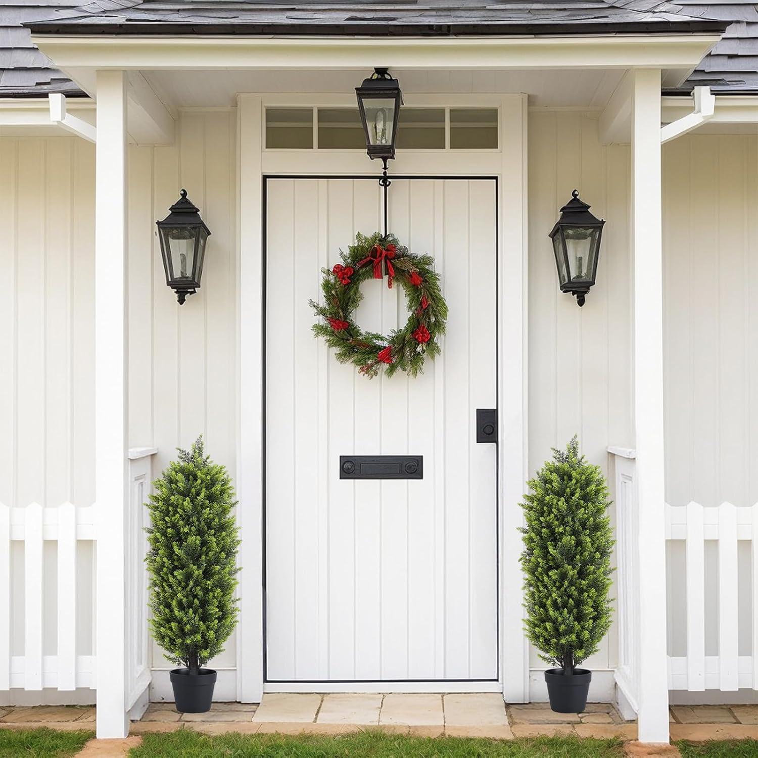 4ft Artificial Cedar Topiary Trees 2 Pack, Beautiful Realistic Artificial Plants for Outdoor, UV Protection Potted Plants Artificial Shrubs for Outdoor, Indoor, Office, Front Porch Decor.