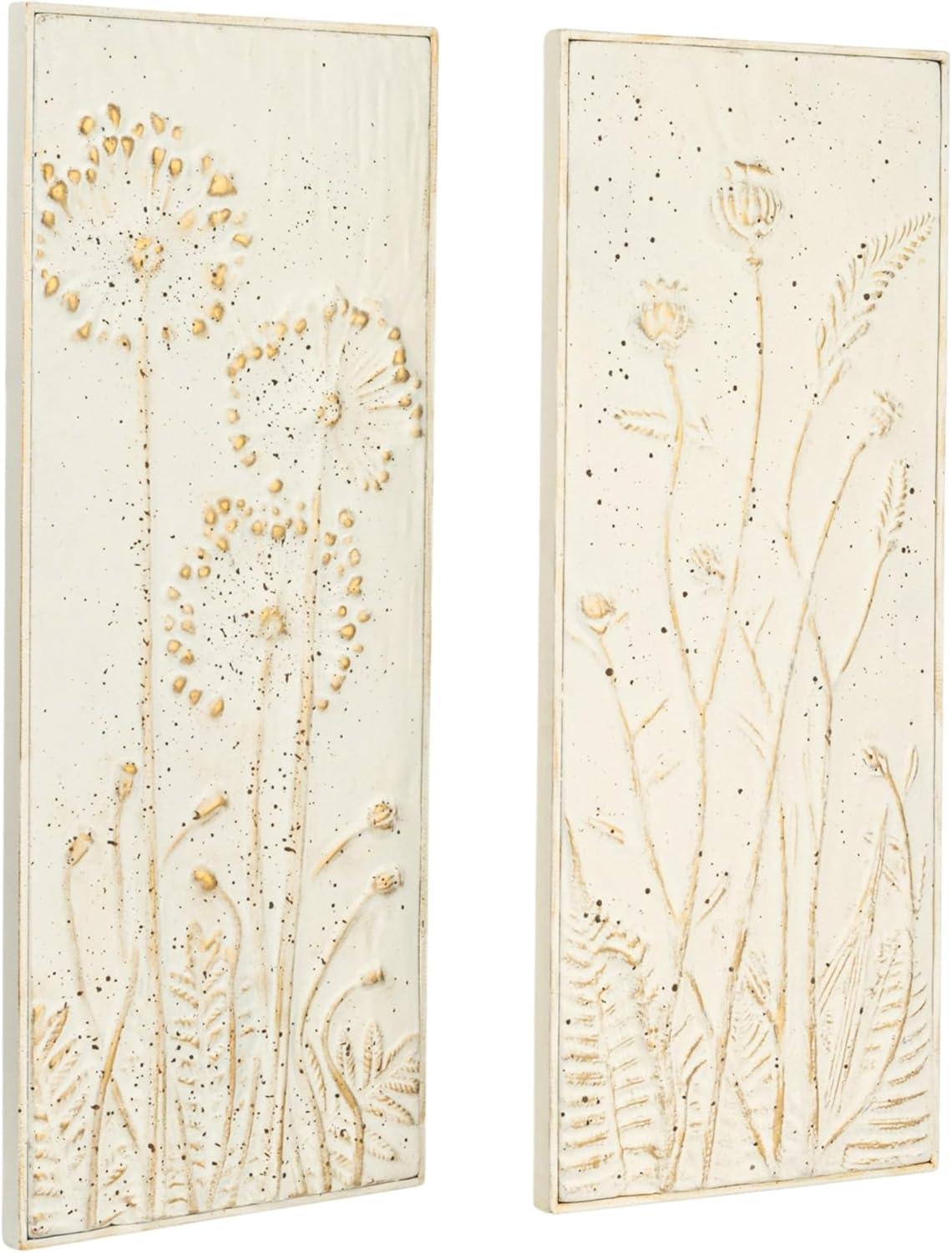 Creative Co-Op Wood and Metal Wall Décor with Flowers, White and Brown, Set of 2