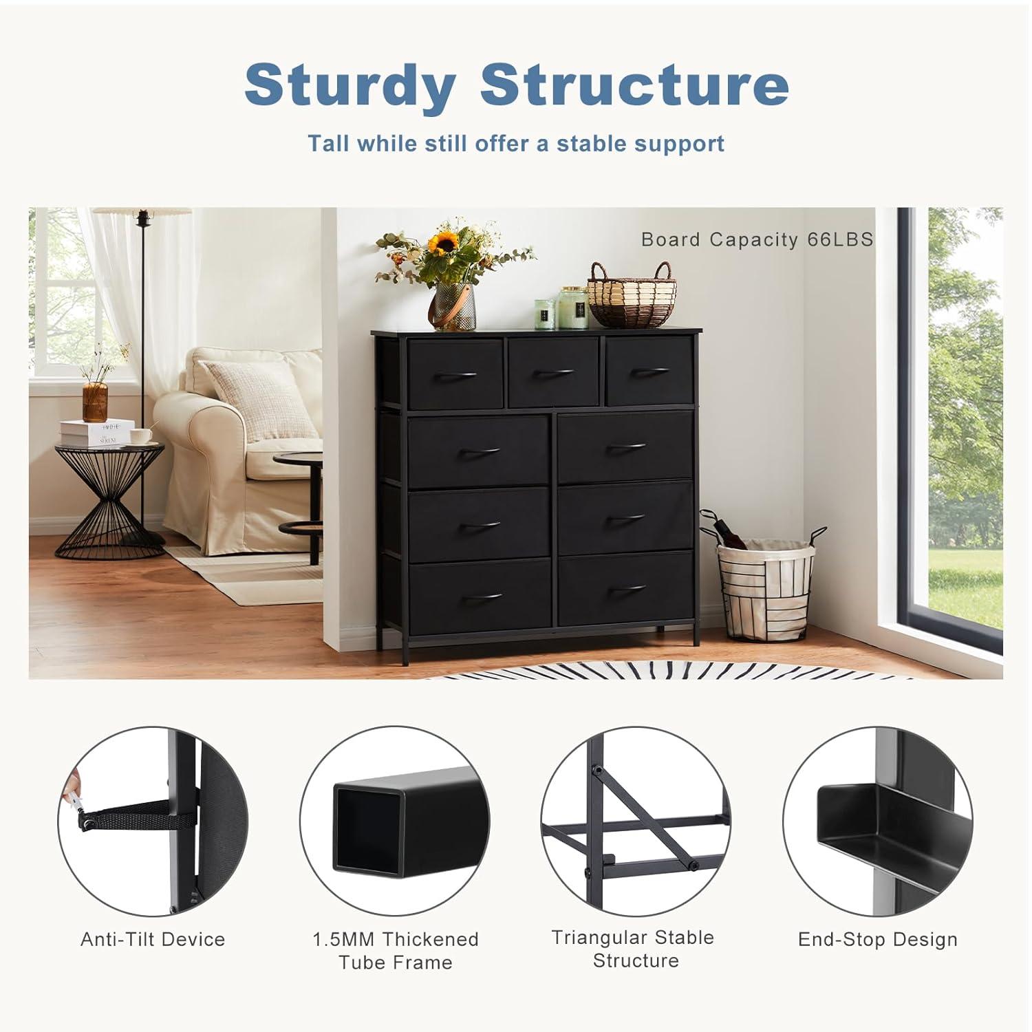 DUMOS Dresser for Bedroom, Storage Organizer with 9 Drawers, Chest of Drawers with Fabric Bins, Sturdy Metal Frame, Wood Tabletop for Guest Room, Closet, Entryway, Nursery