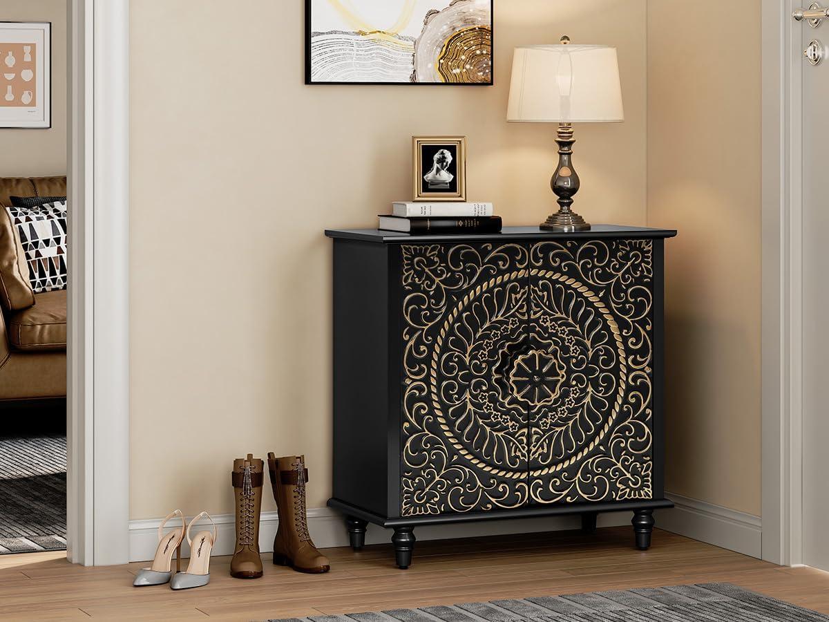 Black Carved Floral Pattern 2-Door Accent Cabinet