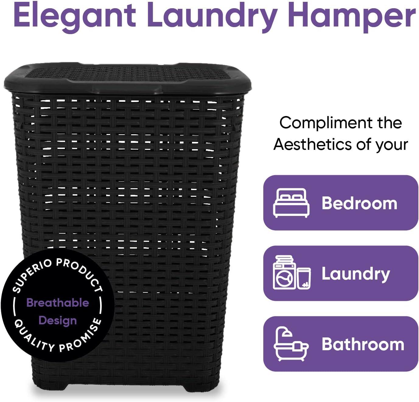 Laundry Basket, Laundry Hamper with Lid, Large 60-liter Wicker Style Hamper with Cutout Handle, to Storage Dirty Clothes in Washroom, Bathroom, Bedroom, or Dorm Room, Grey Color. By Superio