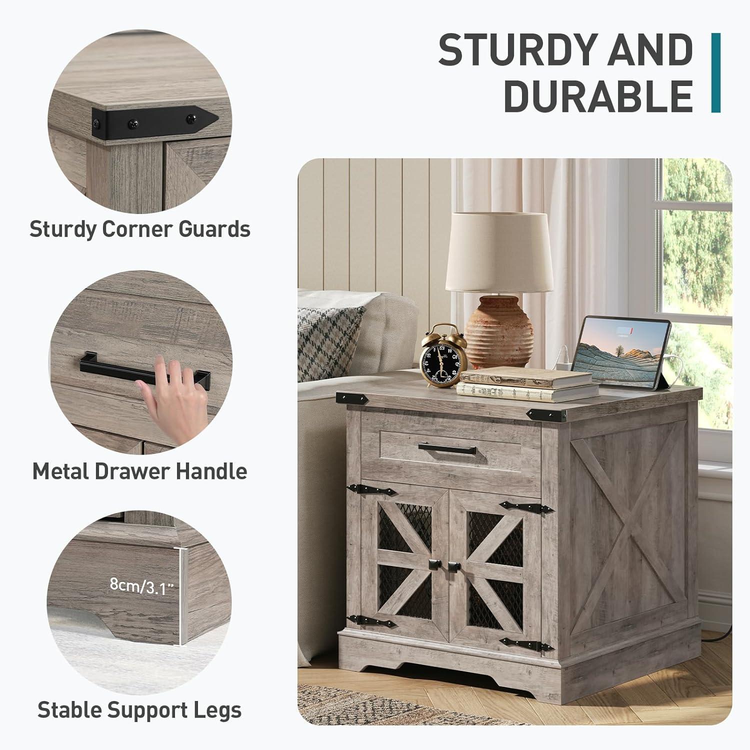 Rustic Gray Wood Farmhouse End Table with Charging Station