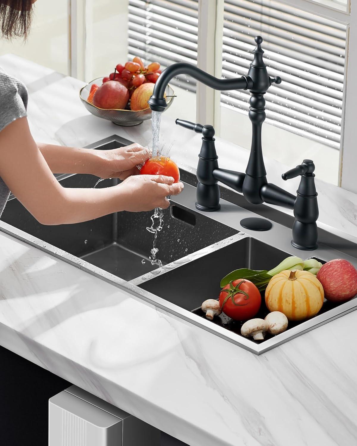 Double Handle Bridge Kitchen Faucet with Sink Hole Cover in Matte Black
