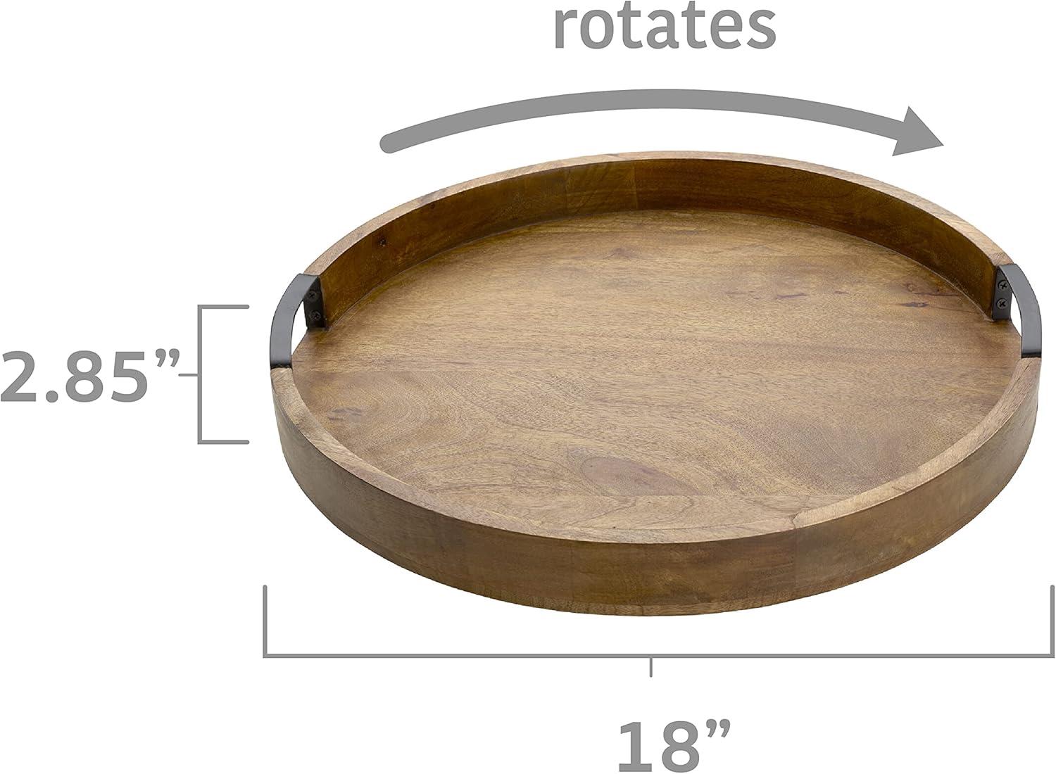 Mango Wood Round Lazy Susan Serving Tray with Iron Handles