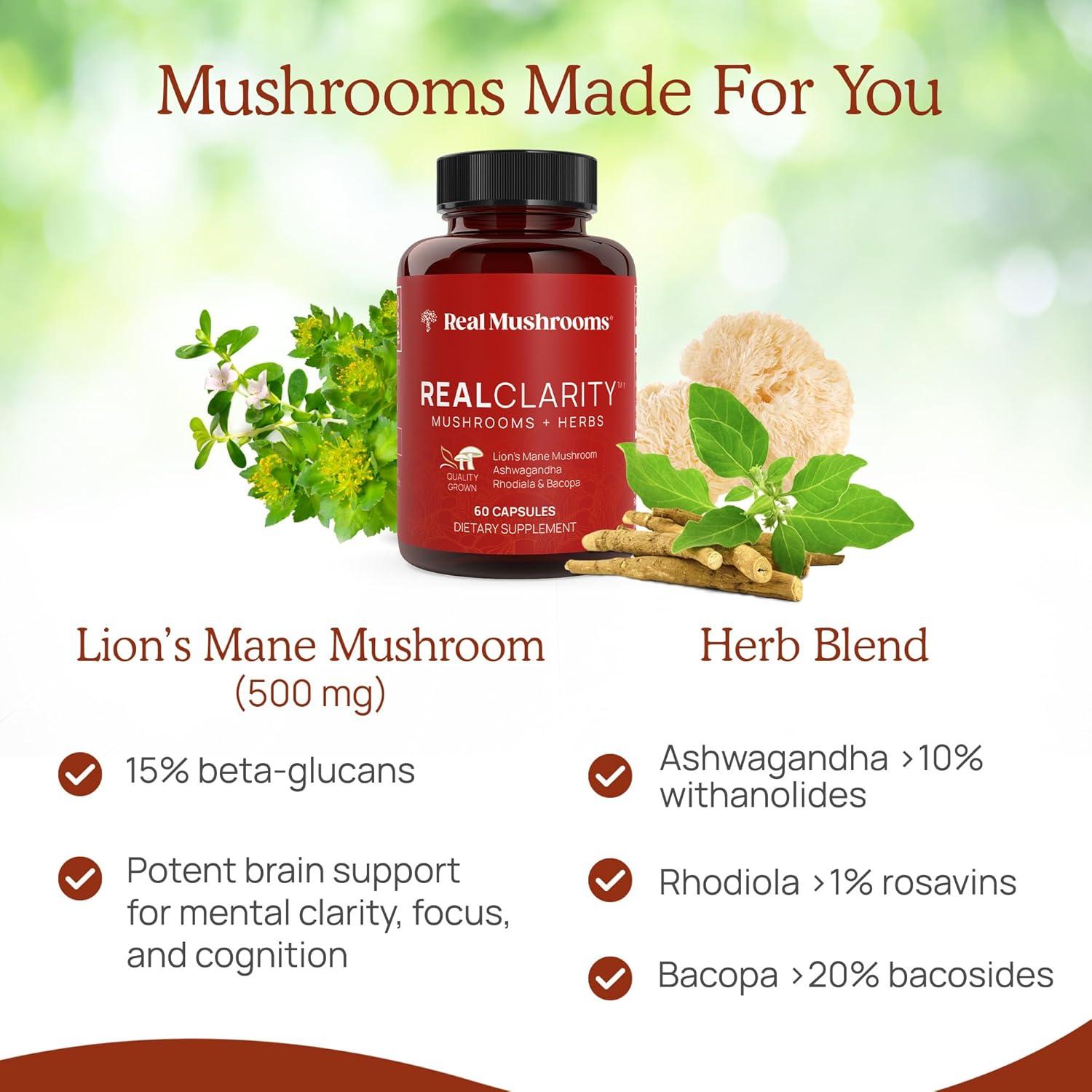 Real Mushrooms RealClarity, Mushrooms + Herbs, 60 Capsules