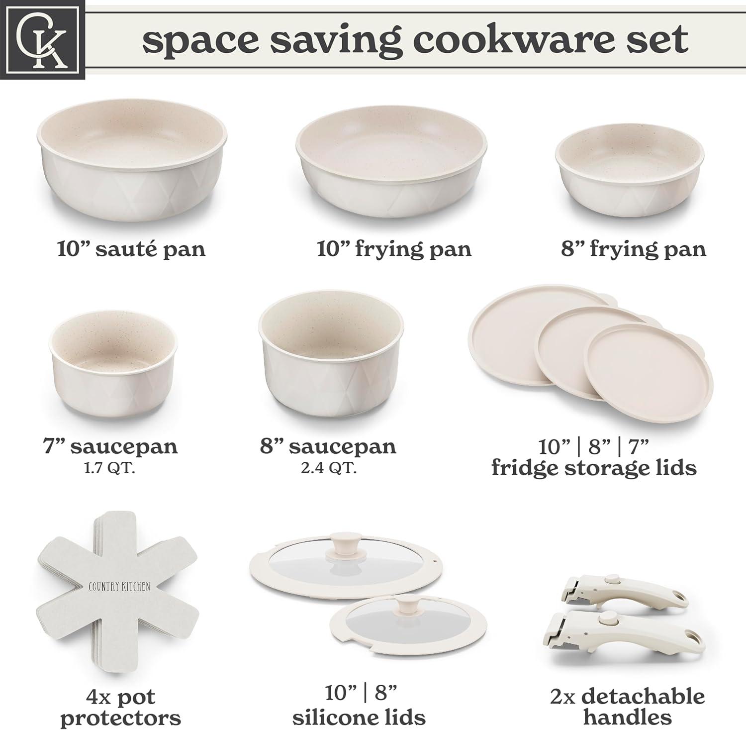 Country Kitchen 13-Pc Pots and Pans Set with Removable Handles Nonstick Cookware Set, Cream