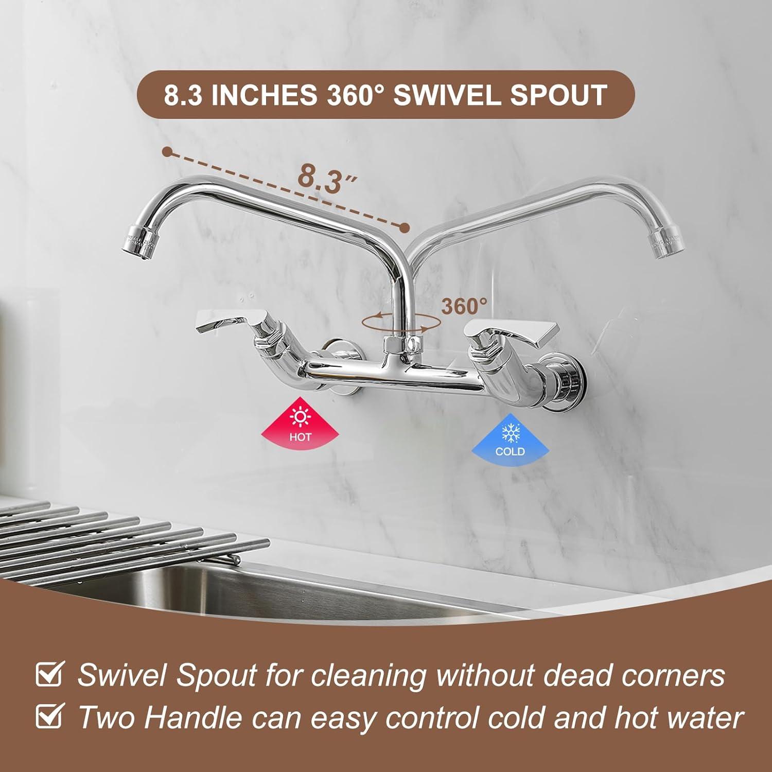 BWE Double-Handles Commercial Sink Faucet with 8" Swivel Spout Wall Mount Standard Kitchen Faucet