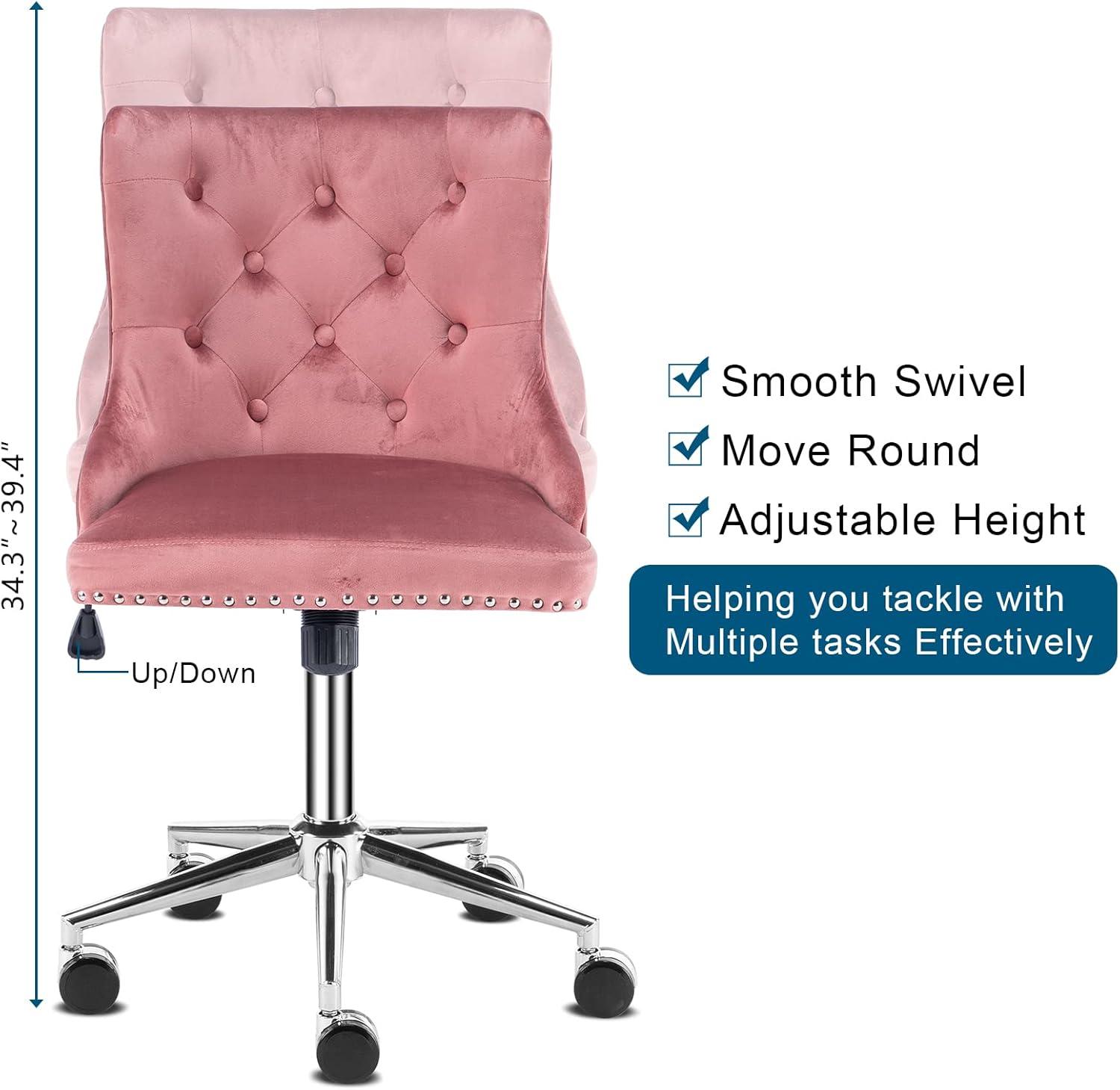 Pink Velvet Swivel Office Chair with Adjustable Height