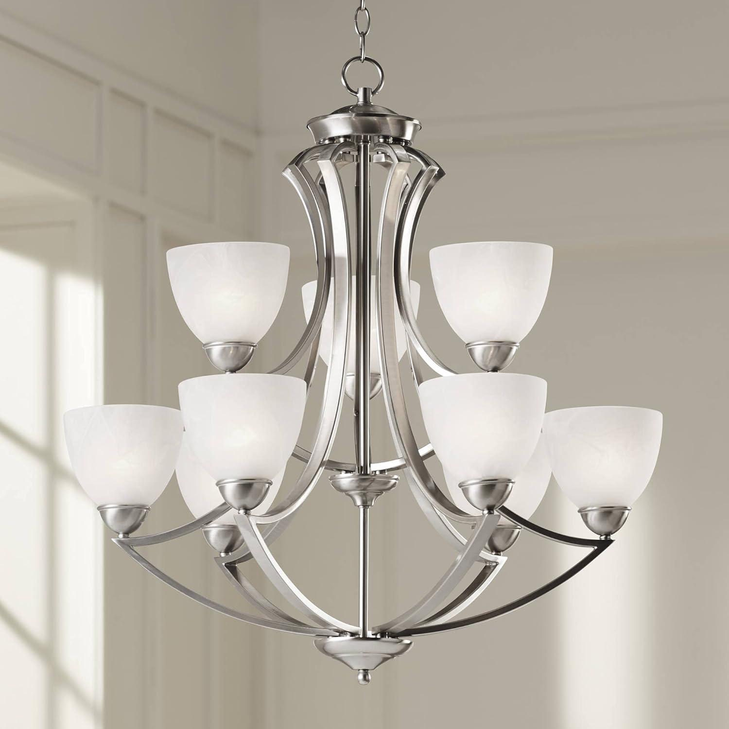 Possini Euro Design Milbury Satin Nickel Chandelier 30" Wide Industrial Tiered White Glass Shade 9-Light Fixture for Dining Room House Kitchen Island