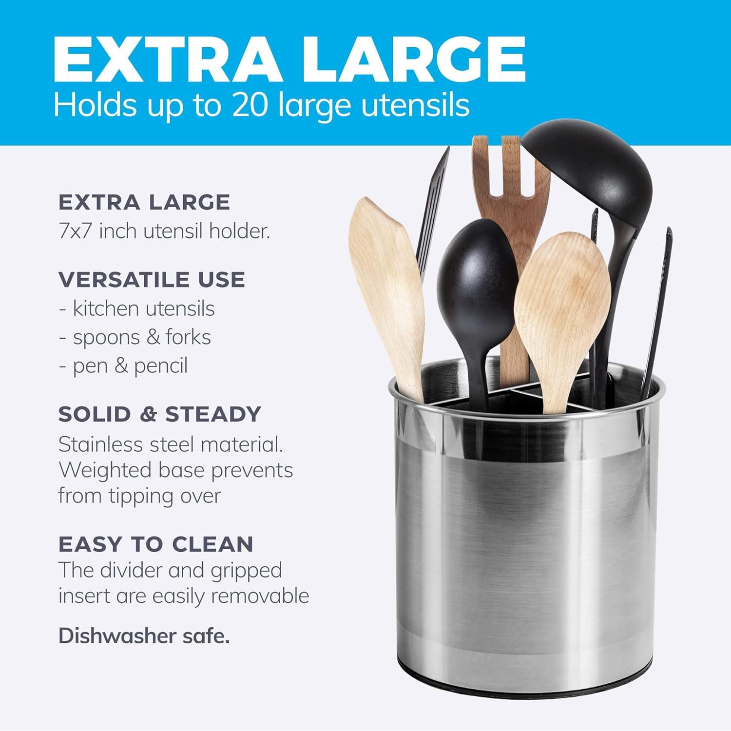 Extra Large Rotating Utensil Holder Caddy with Sturdy No-Tip Weighted Base, Removable Divider, and Gripped Insert: Metal | Rust Proof and Dishwasher Safe