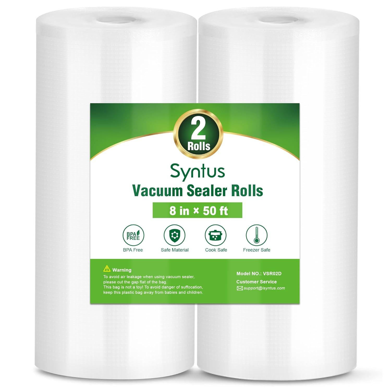Syntus Vacuum Sealer Bags, 2 Rolls 8" x 50' Commercial Grade Bag Rolls, BPA Free Food Vac Bags for Storage, Meal Prep or Sous Vide