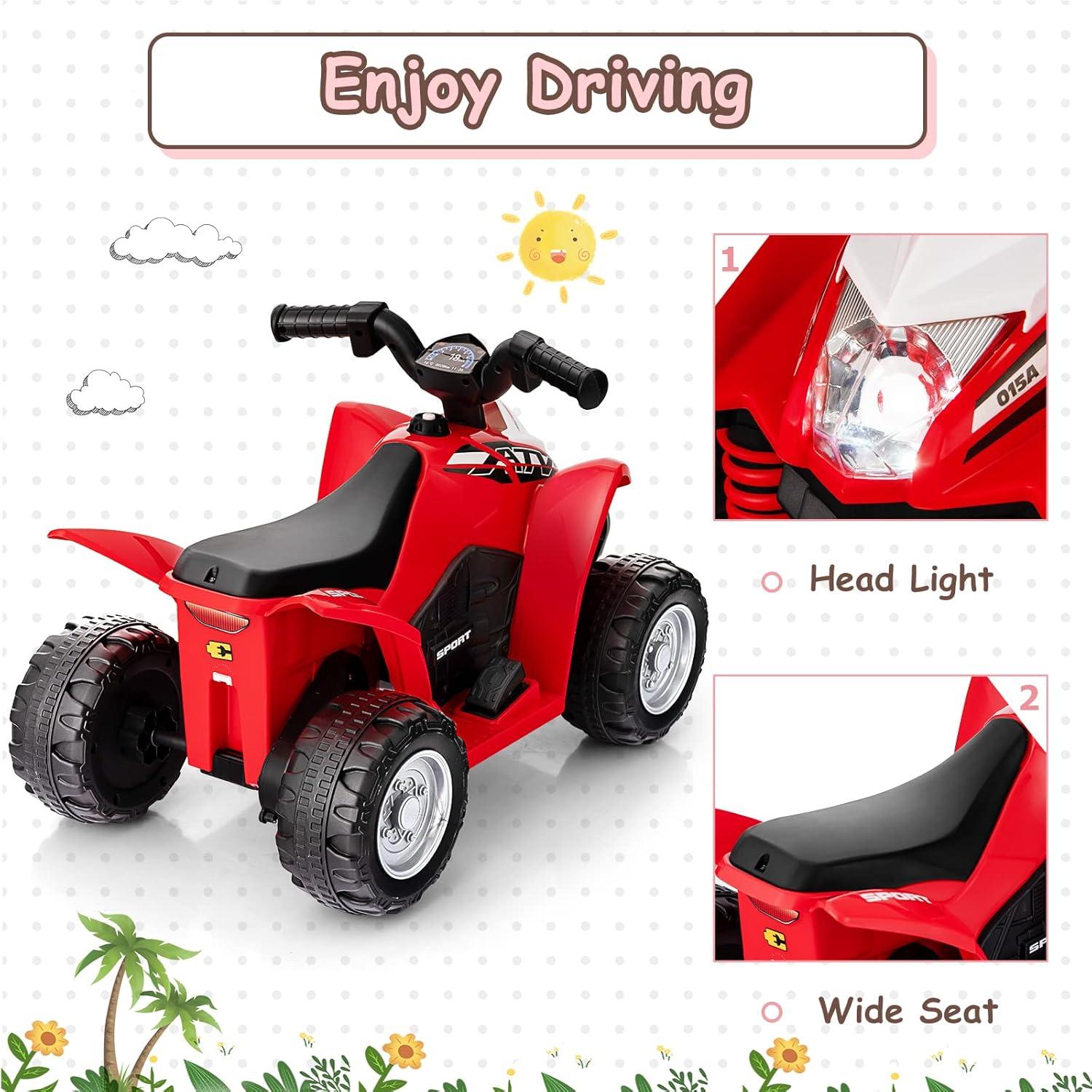 OLAKIDS Kids Ride On ATV, 6V Electric Vehicle for Toddlers, 4 Wheeler Battery Powered Motorized Quad Toy Car for Boys Girls with LED Lights, Horn (Garnet)