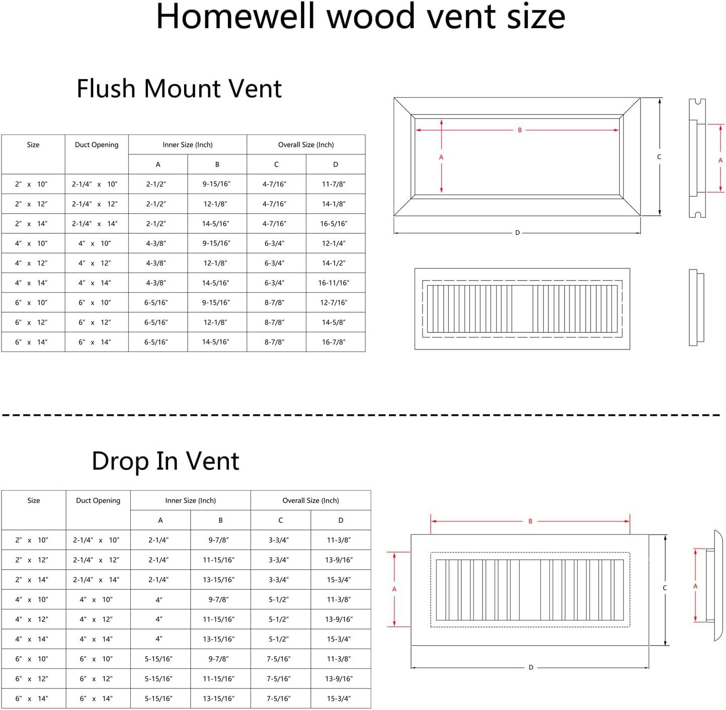 Hardwood White Oak Floor Register, Flush Mount with Frame, 4x10 Inch, Unfinished