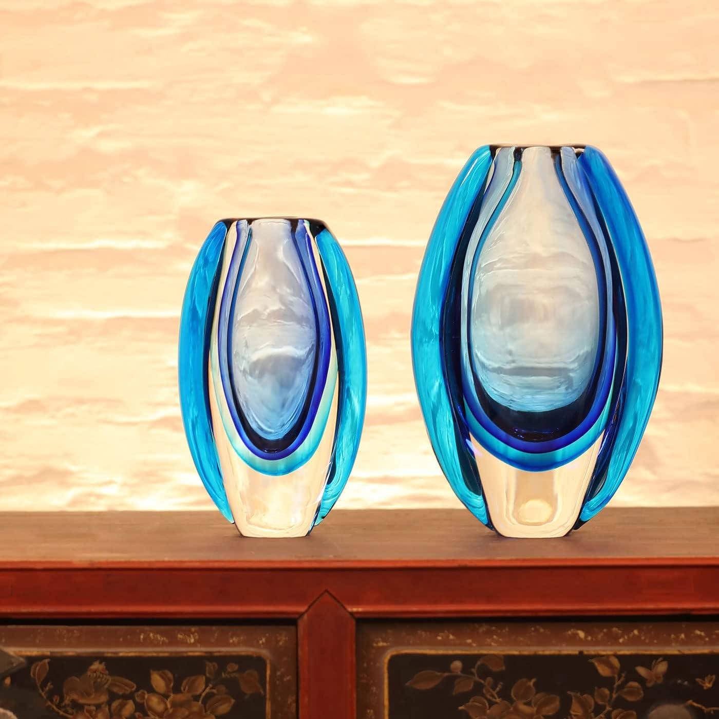 Luxury Lane Hand Blown Sommerso Oval Art Glass Vase Blue 10"H