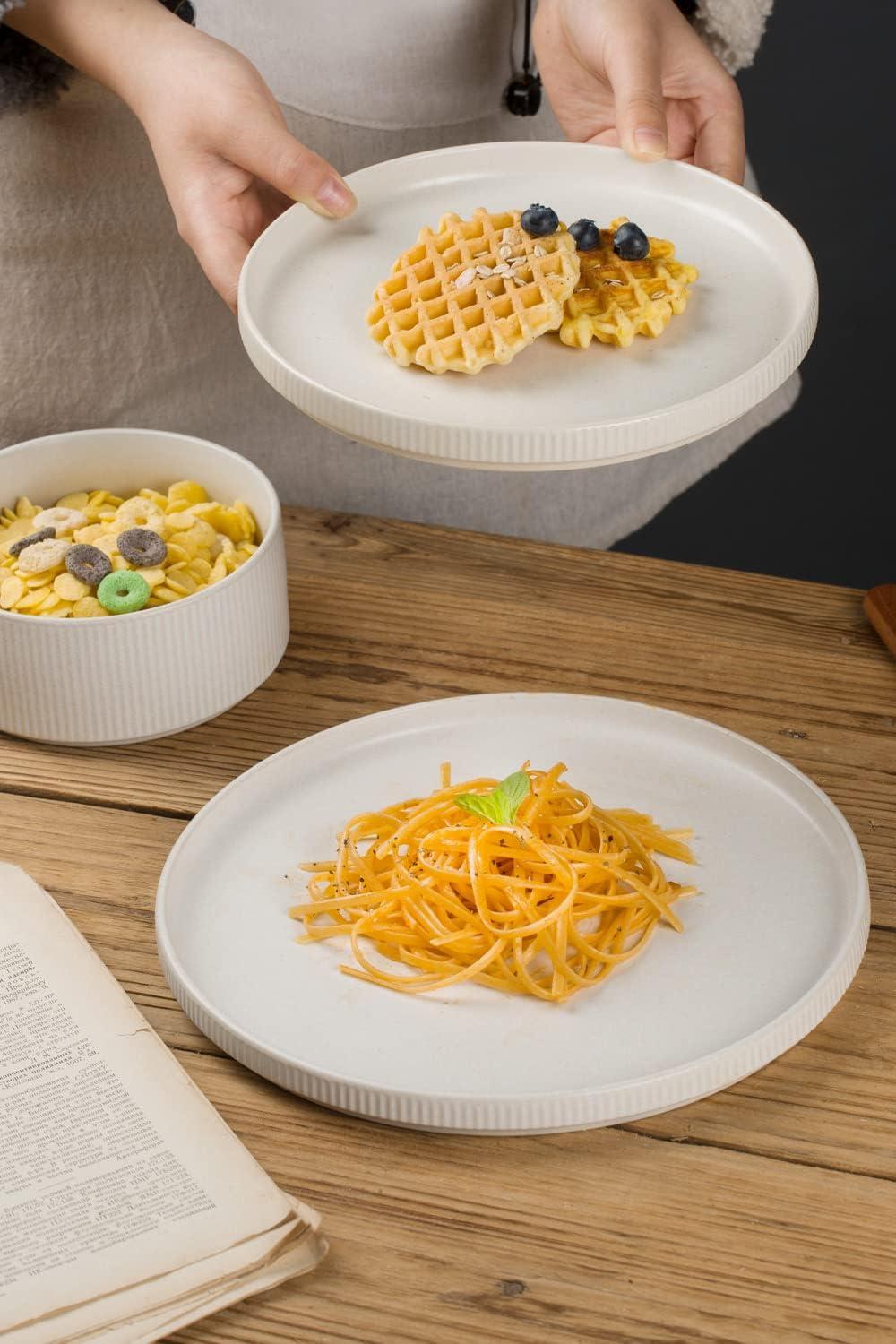 Famiware Star Stoneware Dinnerware Sets, Plates and Bowls Set for 4, 12 Piece Dish Set, Matte White