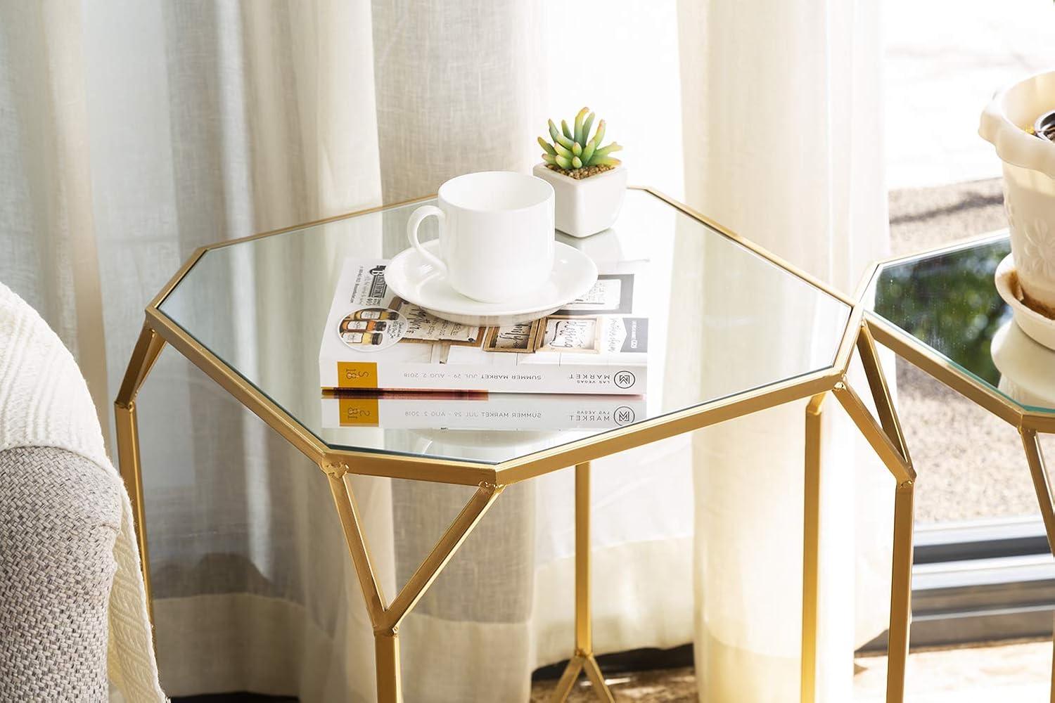 Glitzhome Set of 2 Glam Glass Modern Side Table Sofa Table Octagon-Gold Octagon