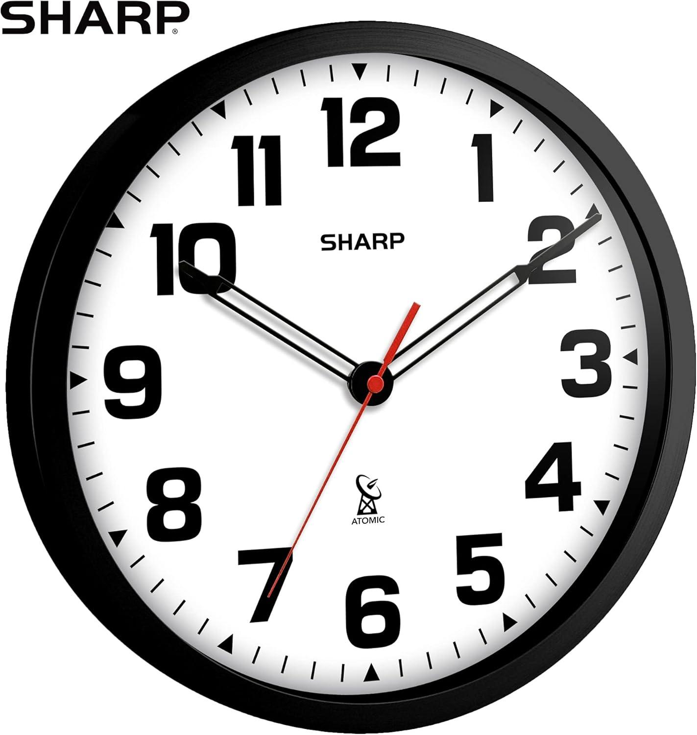 Sharp Atomic Wall Clock 12" Matte Black Automatically Sets Battery Operated Modern Design AQ Analog