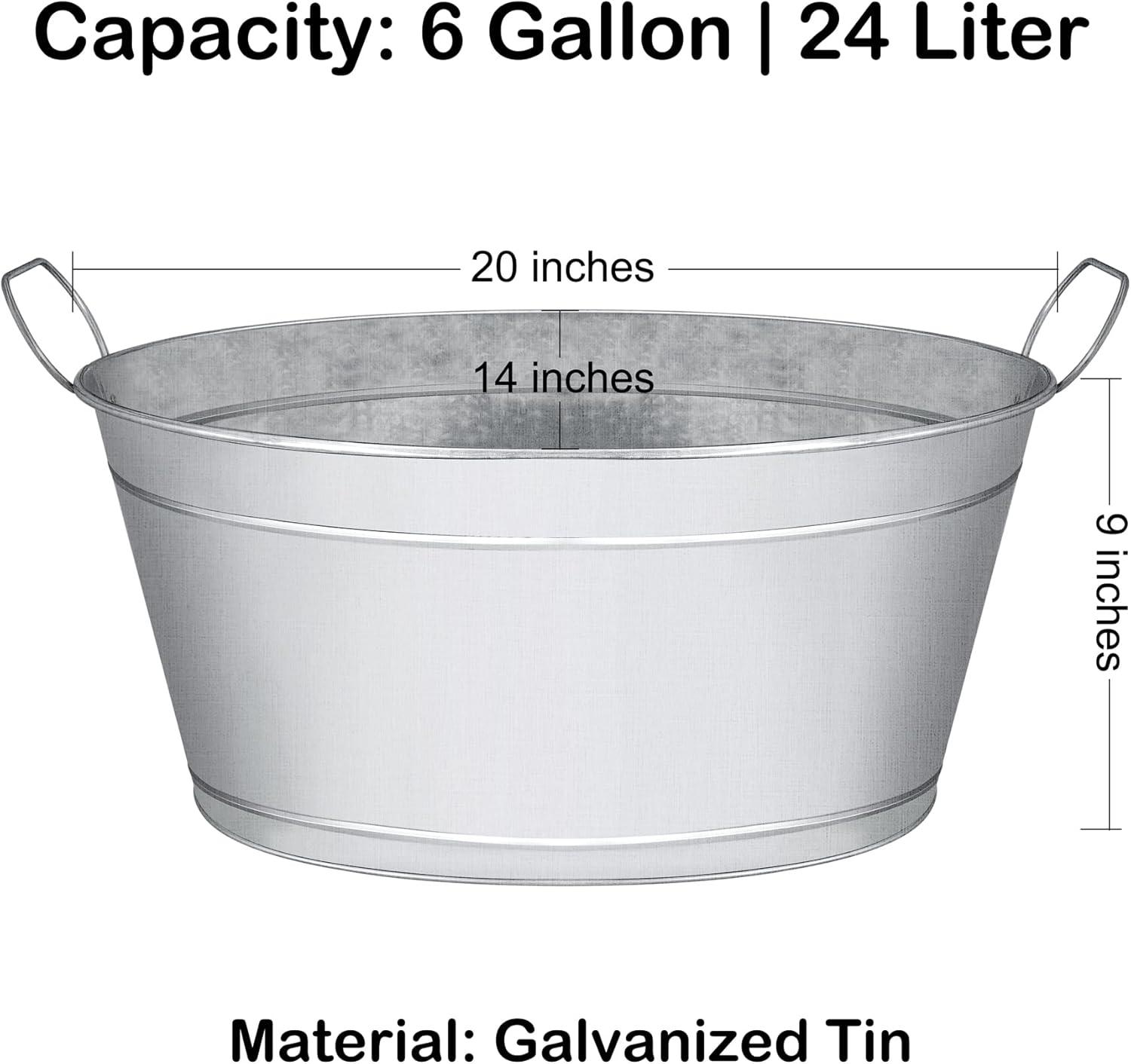 Large 6-Gallon Galvanized Tin Beverage Tub, 20x14x10 inches (Pack of 2)