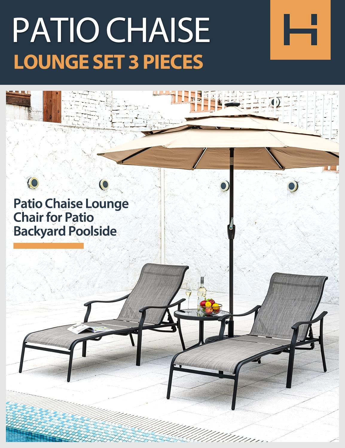 HAPPATIO Patio Chaise Lounge Set 3 Pieces,Patio Lounge Chair with Glass Coffee Table,Pool Lounge Chair with Breathable Textilene Fabric,Patio Chaise Lounge for Patio Backyard Poolside(Gray)