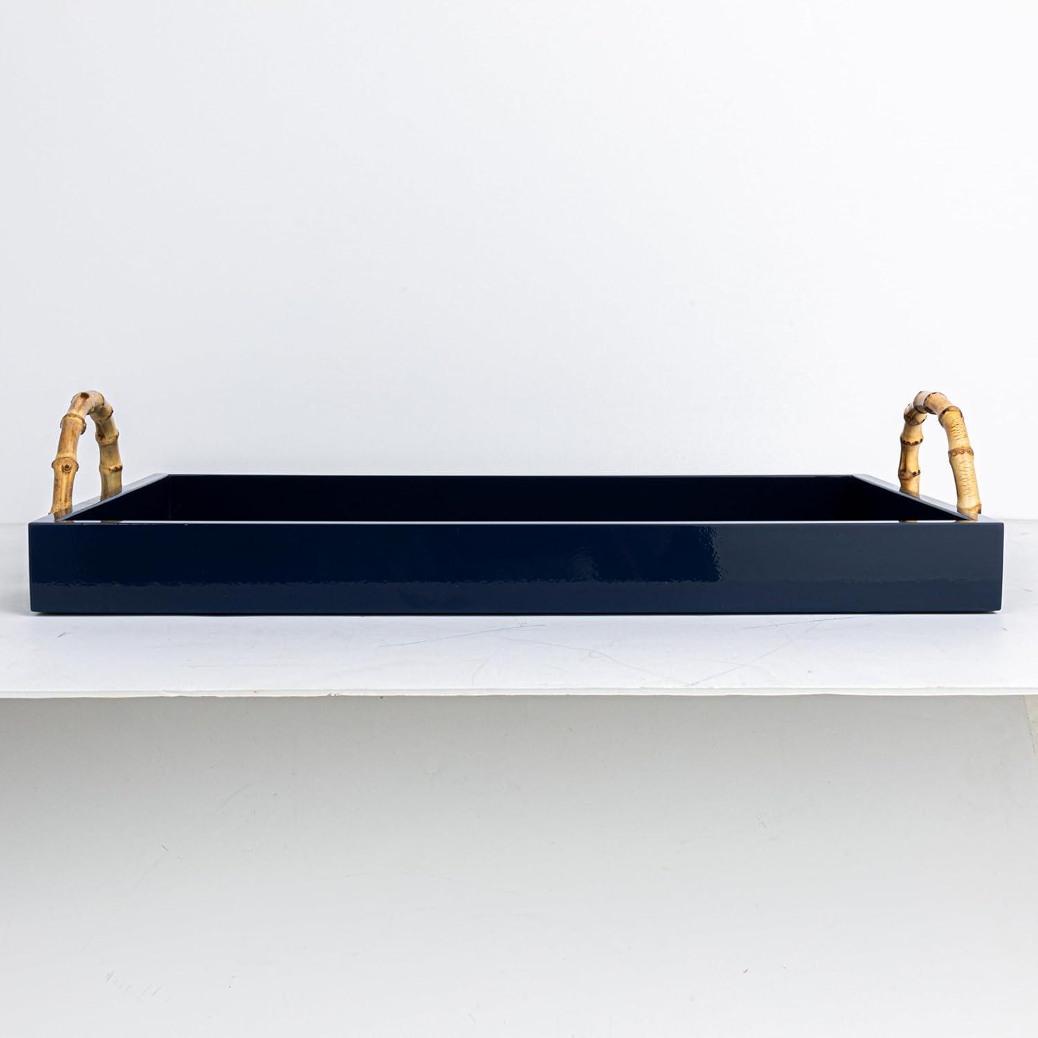 Navy Bamboo and Metal Coastal Serving Tray with Handles