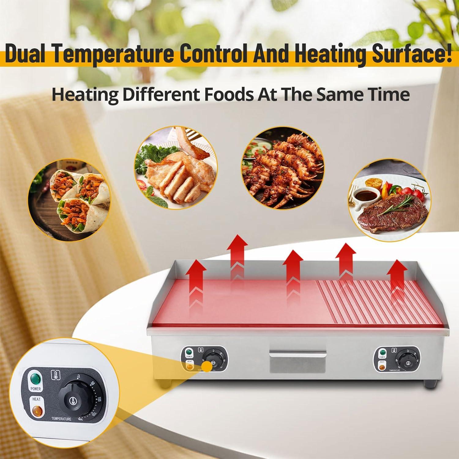 Commercial Electric Griddle with Adjustable Thermostatic Control 122°F-572°F Electric Countertop Flat Top Griddle 110V 60HZ Non-Stick  Teppanyaki Stainless Steel Grill for Home Restaurant