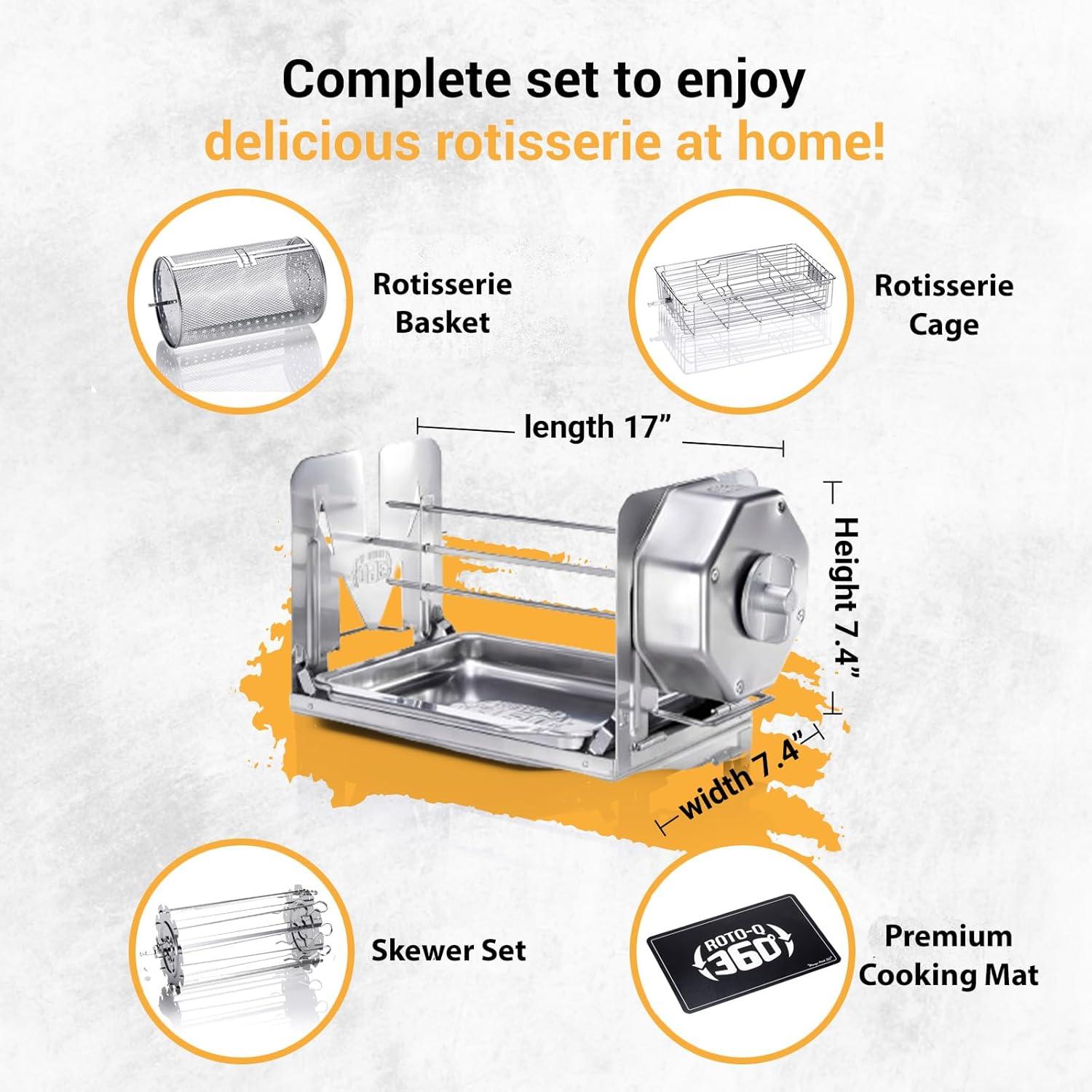 ROTO-Q 360 Family Bundle - Cordless Rotisserie Kit for Grills, Ovens, Smokers - Non-Electric Spit Roaster - Indoor/Outdoor BBQ - Stainless Steel Construction - includes Rotisserie Attachments