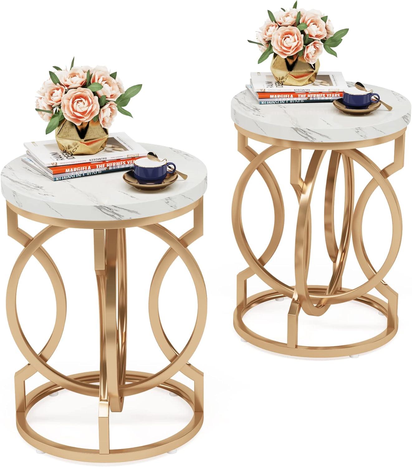 Tribesigns Morden Round End Table with Faux Marble White Top, 20" Sofa Side Table Coffee Table Cocktail Table with Unique Gold O-shaped Base for Living Room Bedroom