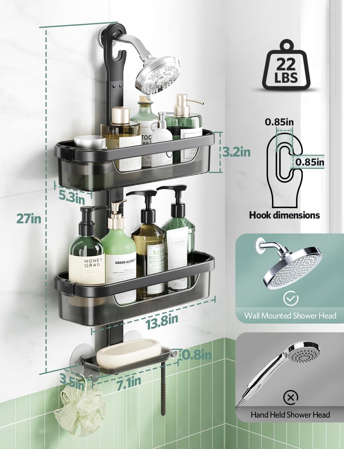 LAMU Over-the-Shower Head Organizer, 3-Shelf Aluminum Shower Caddy, Black