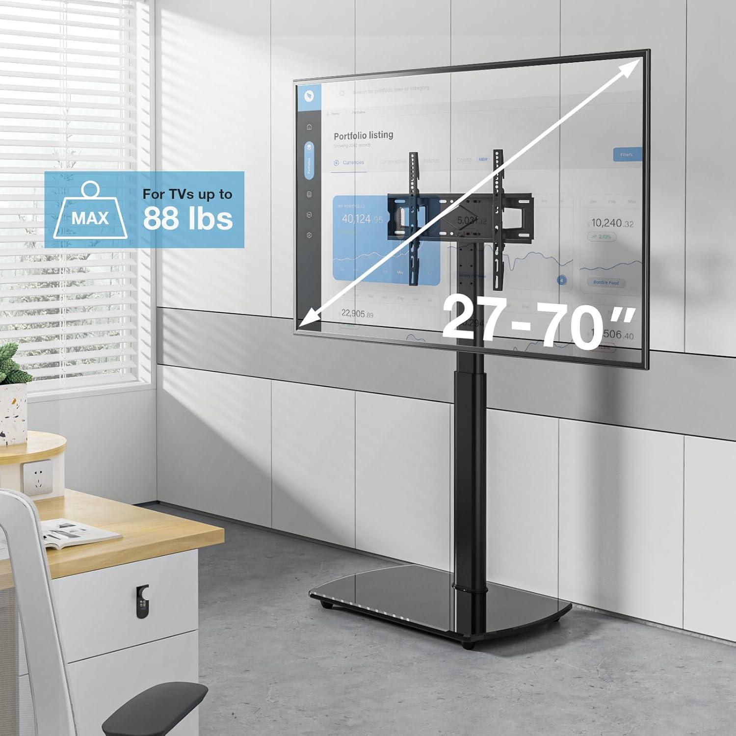 YOMT Universal TV Floor Stand with Mount for 27-70 Inch LCD LED OLED TVs, Swivel Height Adjustable Tall TV Stand, Space Saving Design for Corner Bedroom Living Room, Black