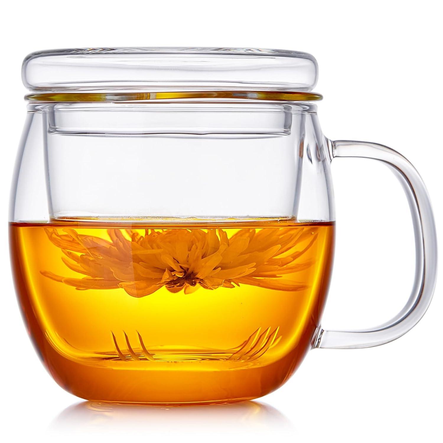 Glass Tea Cup with Infuser and Lid, 17OZ Large Borosilicate Glass Tea Cup with Strainer,Clear Glass Tea Mugs for Loose Leaf Tea,Blooming Tea,Tea Bag,Tea Cute Mushroom, Christmas gift