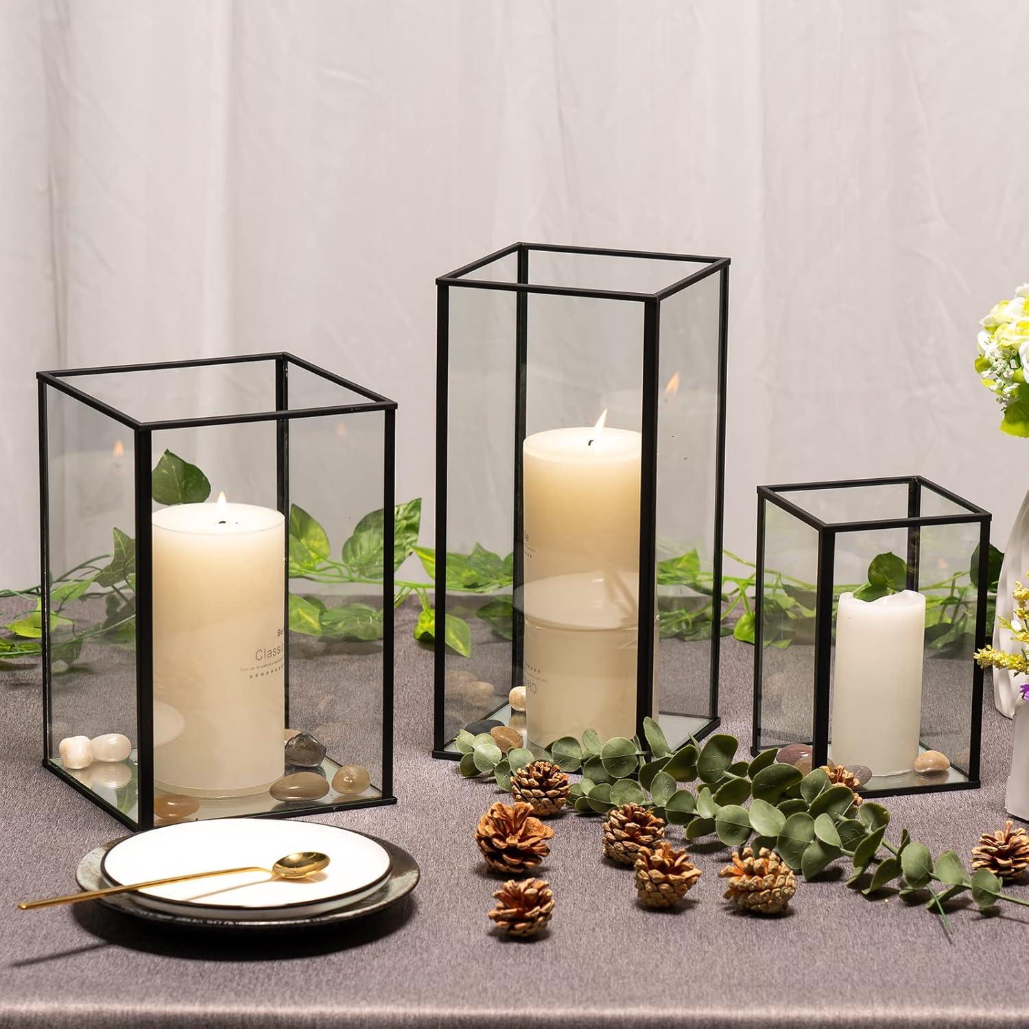 Phosphor Small Hurricane Candle Holder Set of 3 Pieces, Black Glass Candle Holder for Wedding, Party, Holiday.