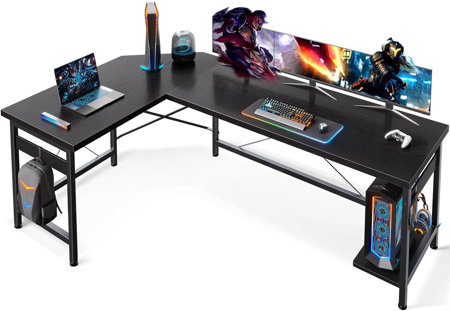 Black 59-Inch L-Shaped Gaming Desk with Power Outlet and USB Ports