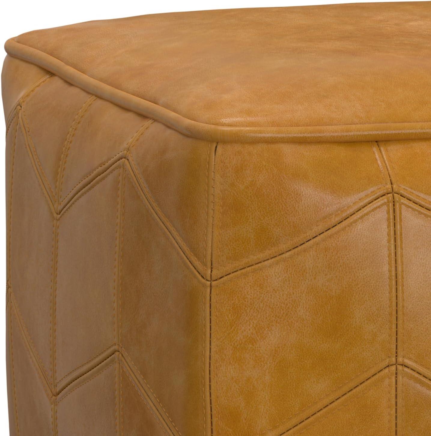 Brown Genuine Leather Chevron Pattern Square Pouf