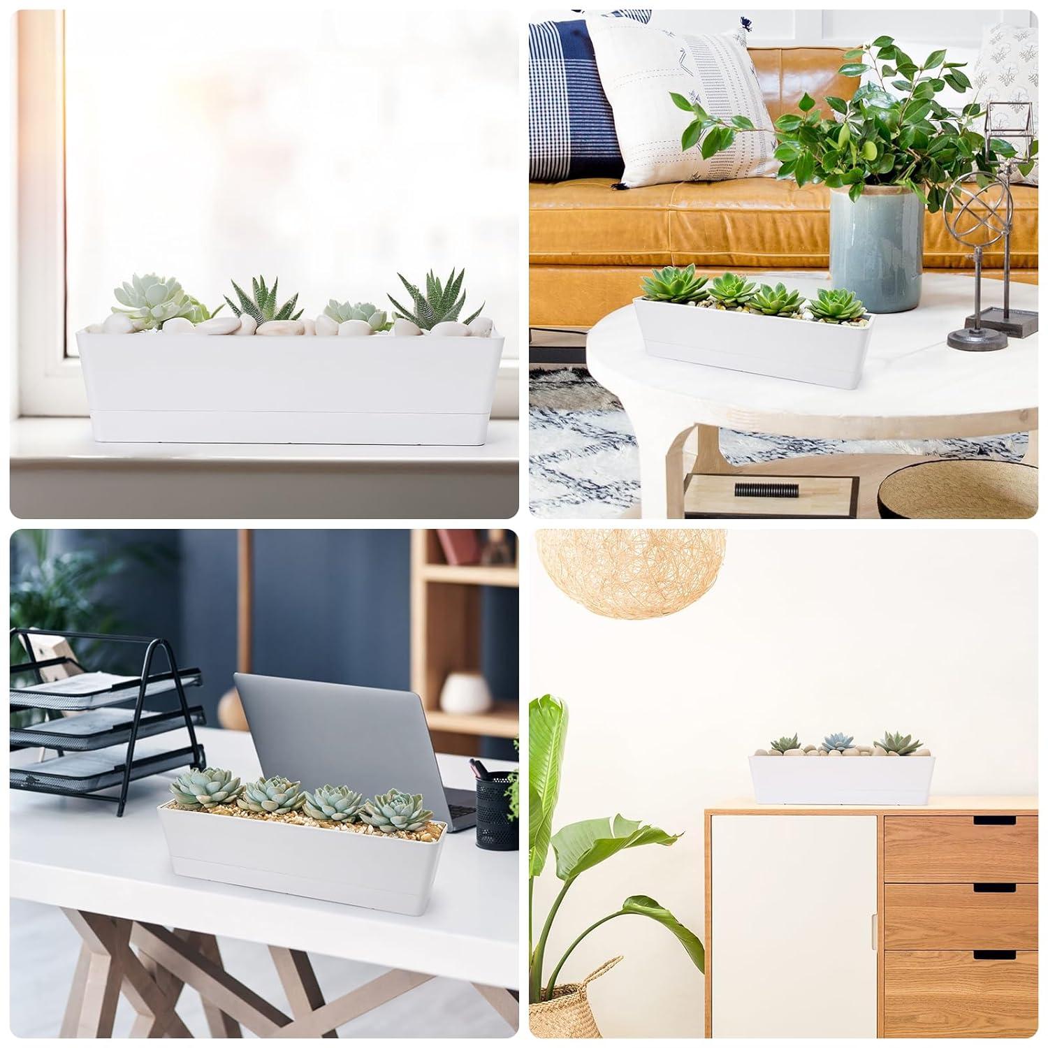 GREANER Window Boxes Planters, 3PCS 16x3.8 Inch Large Herb Planters with Tray, Indoor Succulent Cactus Flowers Vegetable Plastic Rectangle Pots for Balcony, Office, Garden, Outdoor, Windowsill (White)