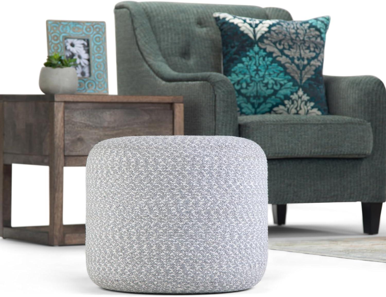 SIMPLIHOME Bayley Boho Round Braided Pouf in Blue, Natural Cotton for the Living Room, Bedroom and Kids Room