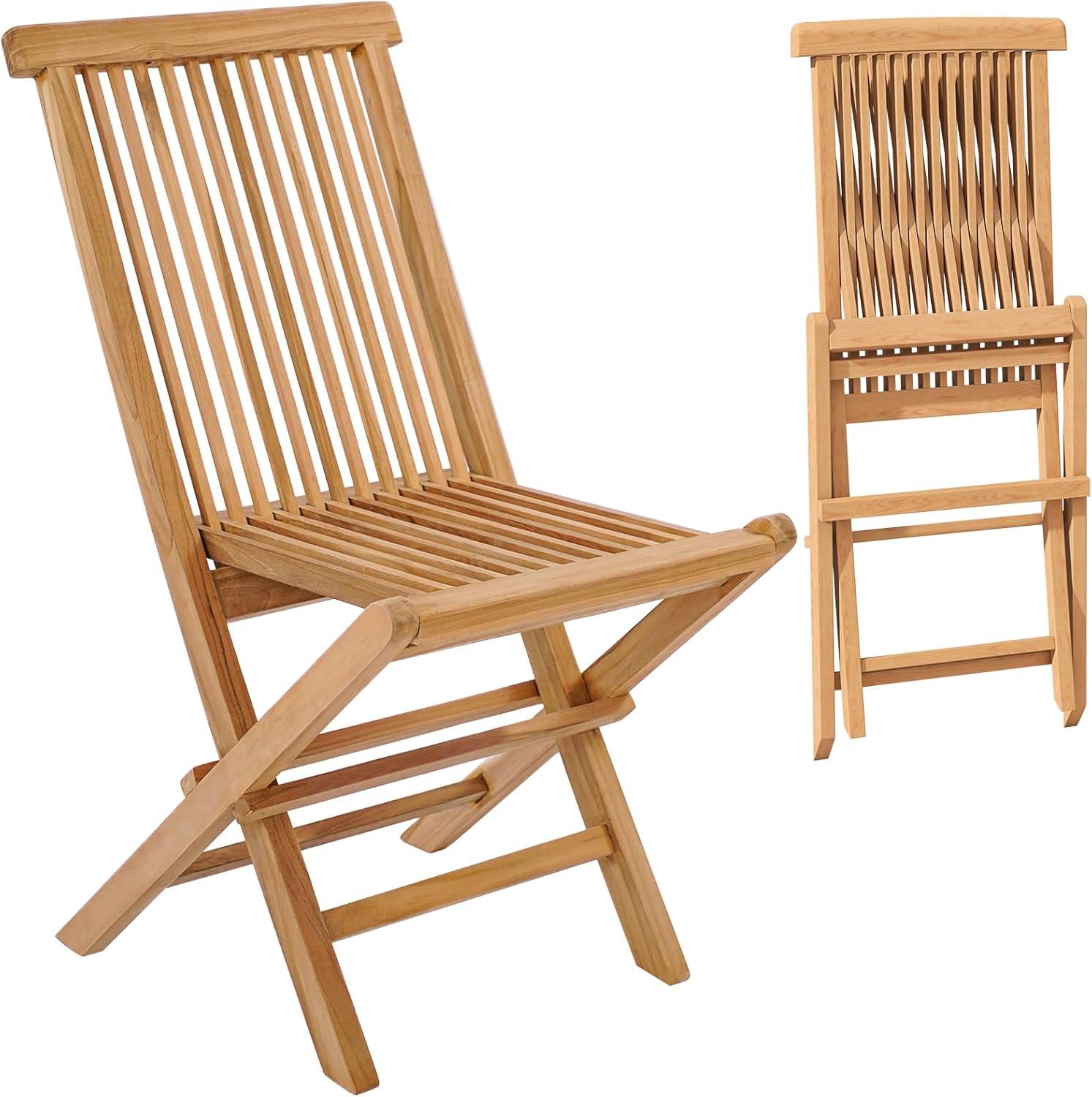 YYAo Folding Outdoor Chair, Folding Chair, Portable Dining Chair, Set of 2 Teak Patio Folding Chairs with High Back and Slatted Seat