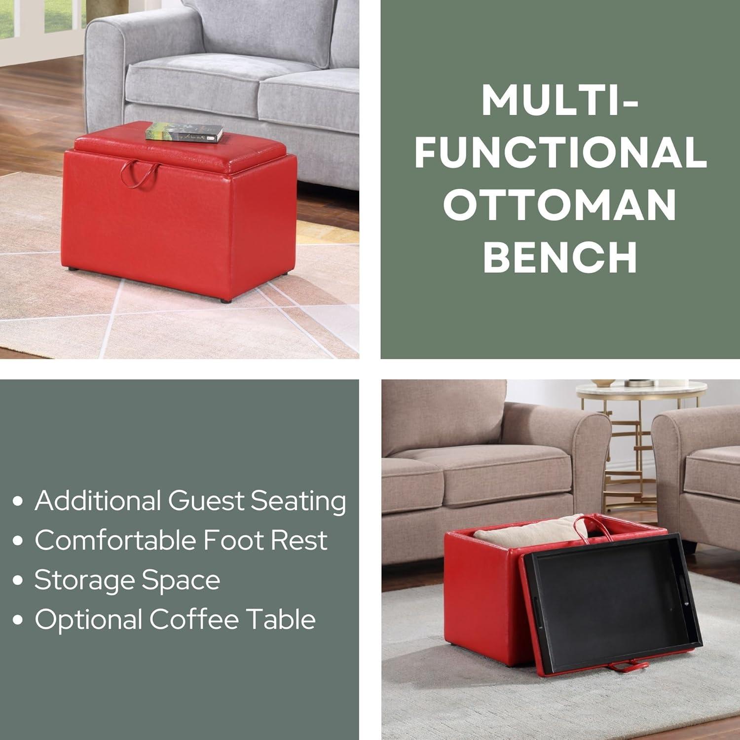 Convenience Concepts Designs4Comfort Accent Storage Ottoman with Reversible Tray, Red Faux Leather