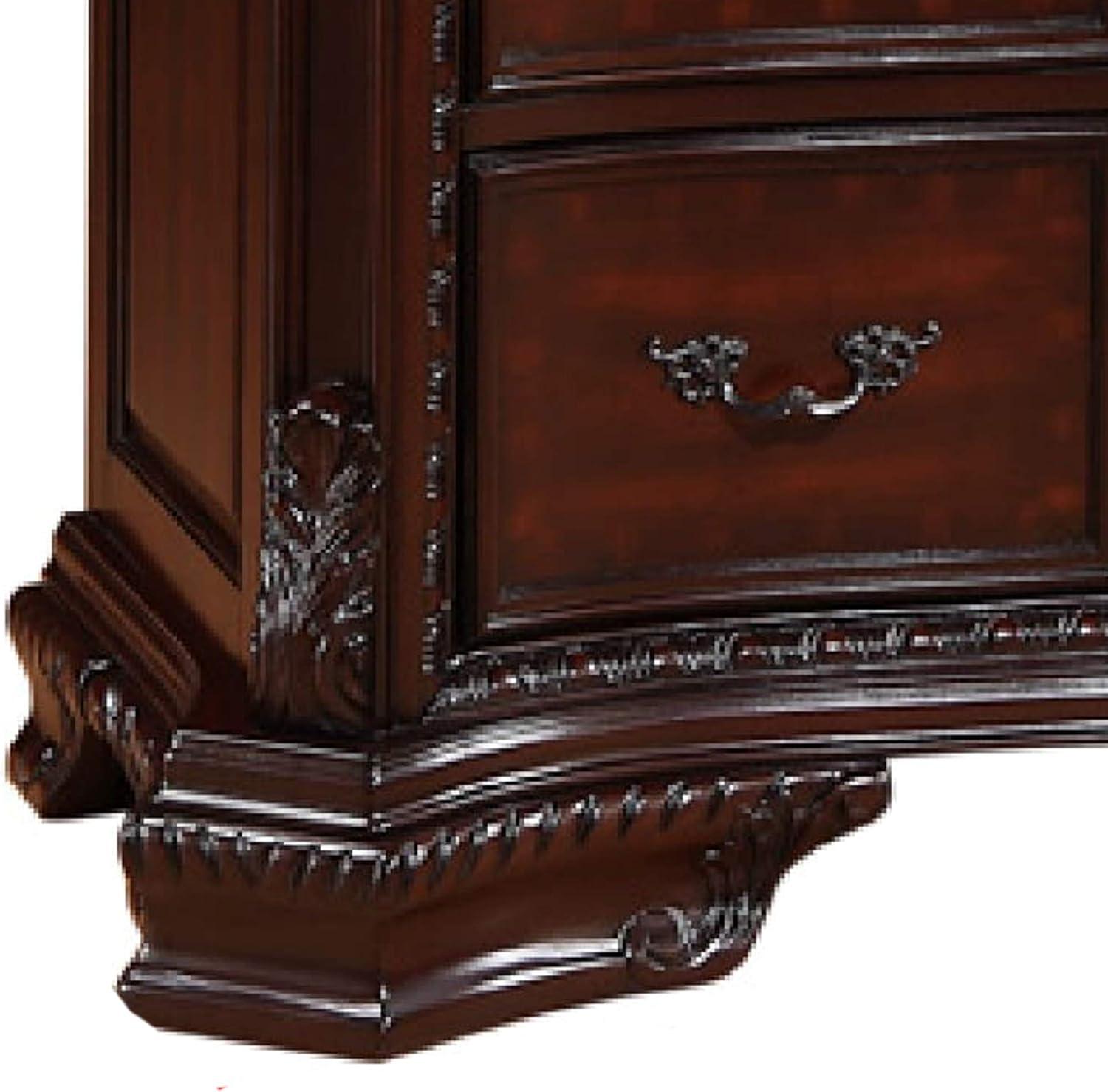 Benjara 9 Drawers Dresser with Engraved Details and Bracket Feet, Cherry Brown