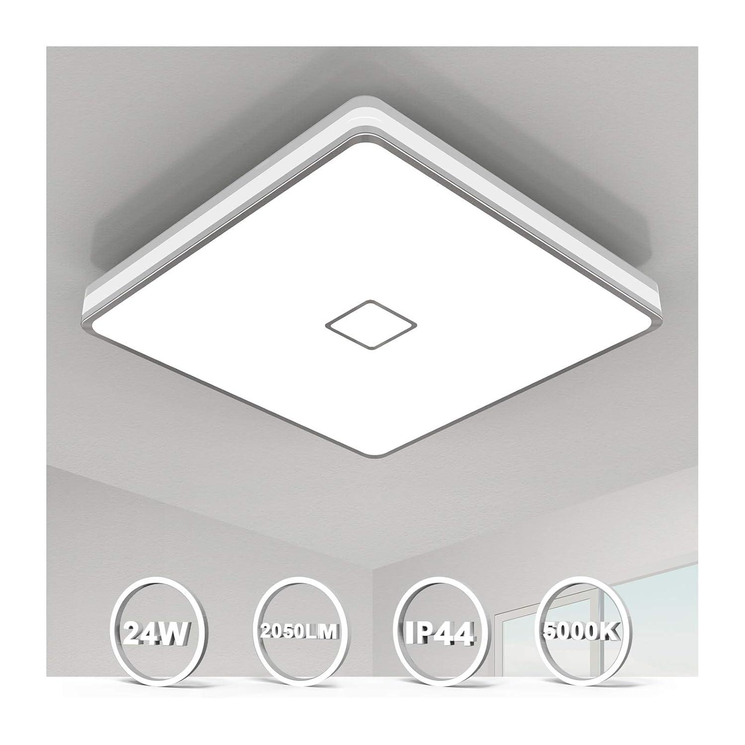 Airand LED Ceiling Light Fixtures Flush Mount 12.8inch 24W Bright White Square LED Ceiling Lamp 5000K, 2050LM Daylight Waterproof Bathroom Ceiling Light for Kitchen Hallway Porch Living Room Bedroom