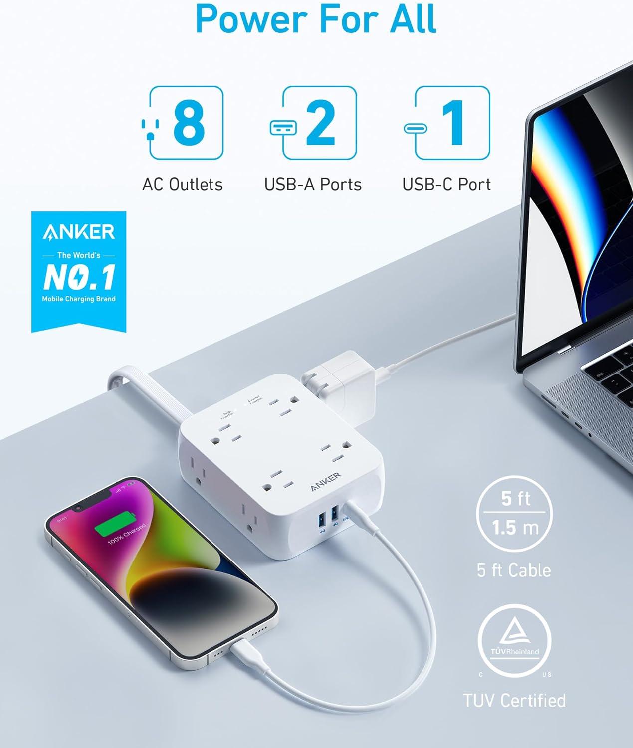 Surge Protector Flat Plug Power Strip 2000J, Anker 5ft Thin Extension Cord with 8 Outlets, 2 USB A and 1 USB C Port, 20W for iPhone15, Wall Mount, Compact for Home, Office, Room, TUV Listed