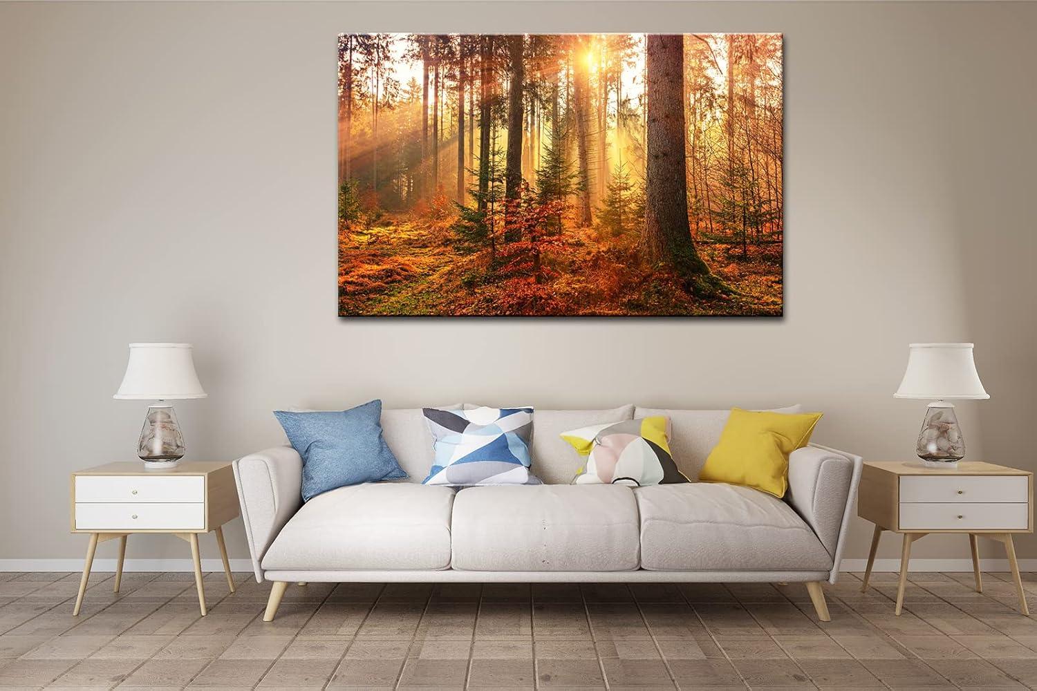 Shadudu  Mystery Forest Light Wall Art, Nature Landscape Pictures Canvas Prints Wall Decor, Autumn Trees Paintings Hang for Office Bedroom, Bathroom, Living Room for Home Decoration  36x24in