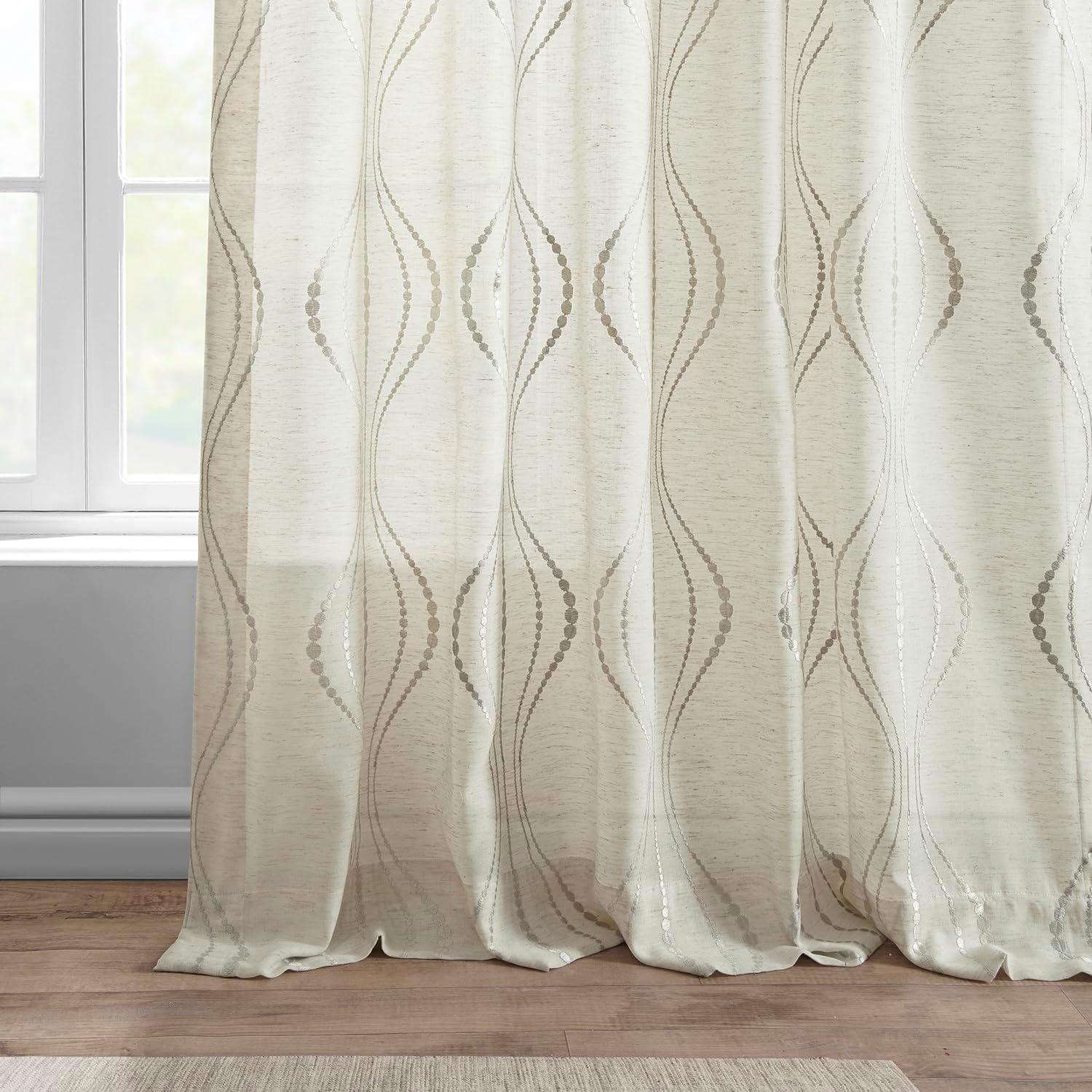 Suez Natural Embroidered Faux Linen Sheer Curtain (1 Panel), Suez Natural, 50W X 84L