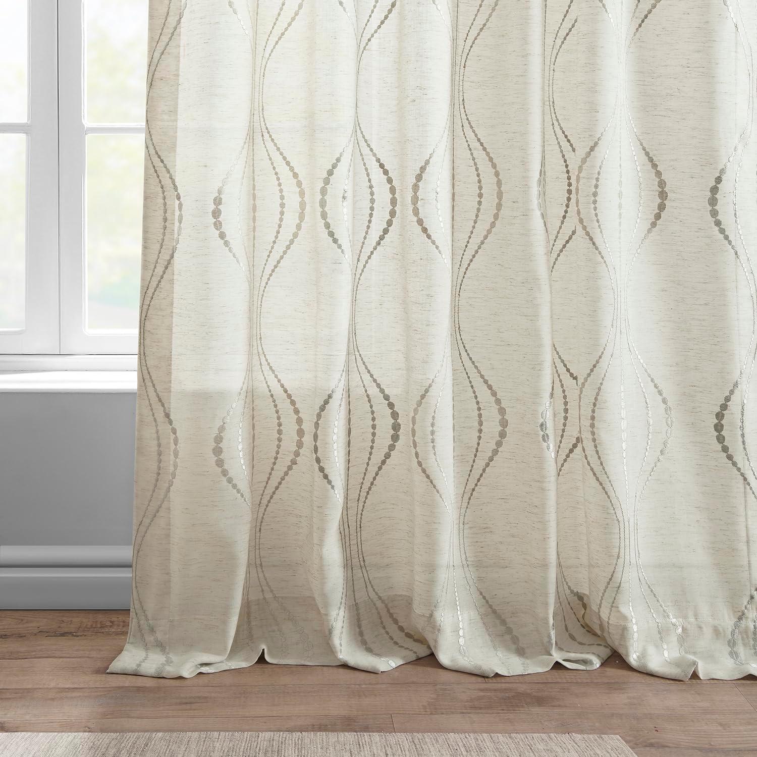 Suez Natural Embroidered Faux Linen Sheer Curtain (1 Panel), Suez Natural, 50W X 96L